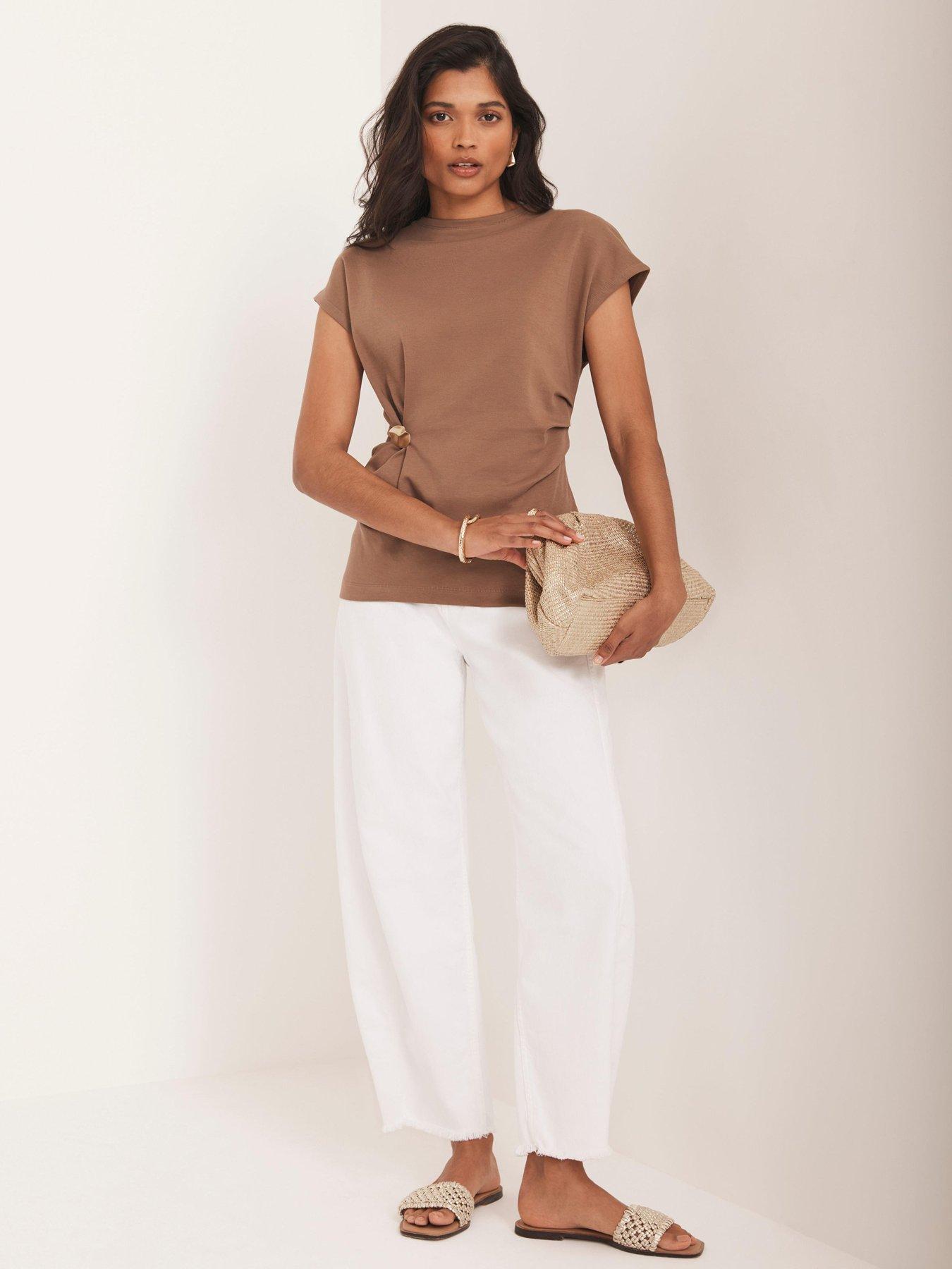 Mint Velvet Neutral Gathered Trim T-Shirt - Brown
