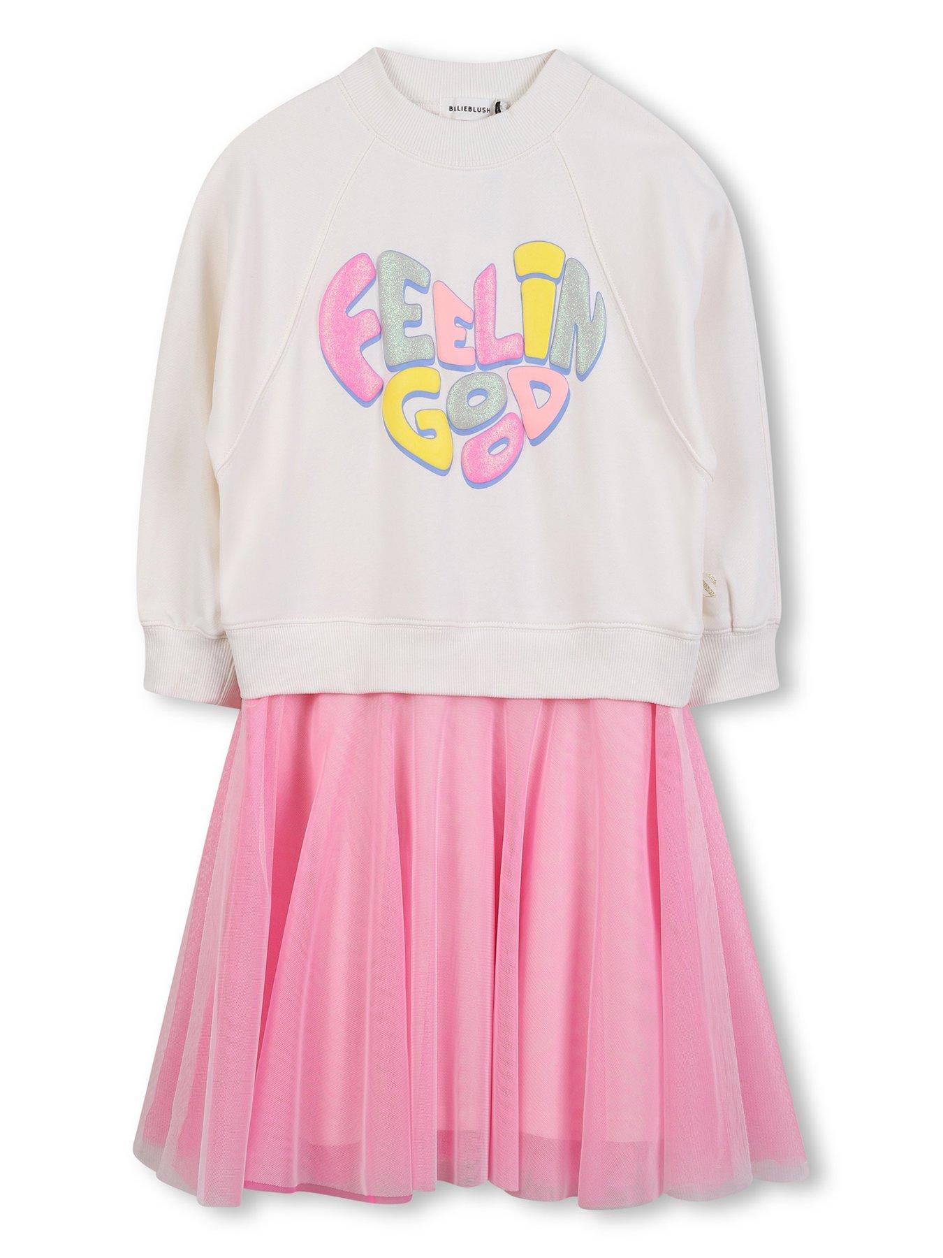 Billieblush Girls Sweat Top And Mesh Skirt Dress - Light Cream