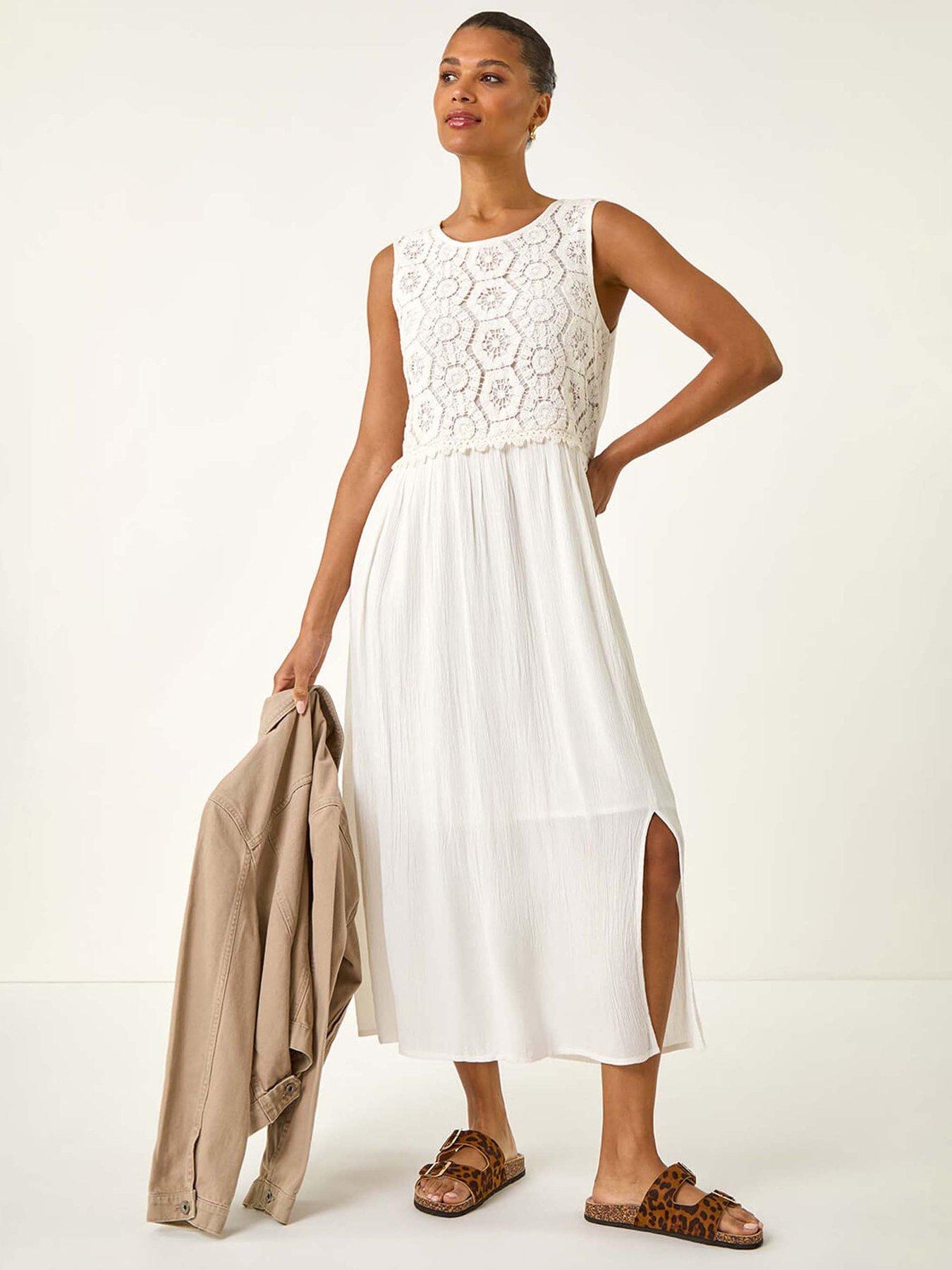 Roman Crochet Bodice Midi Dress - White