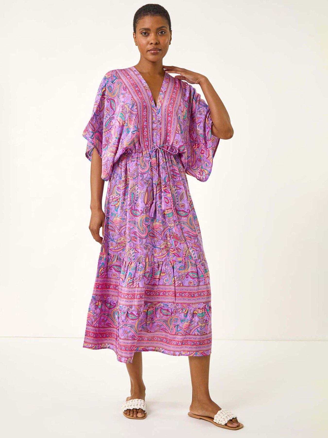 Roman Paisley Print V-Neck Midi Dress - Purple