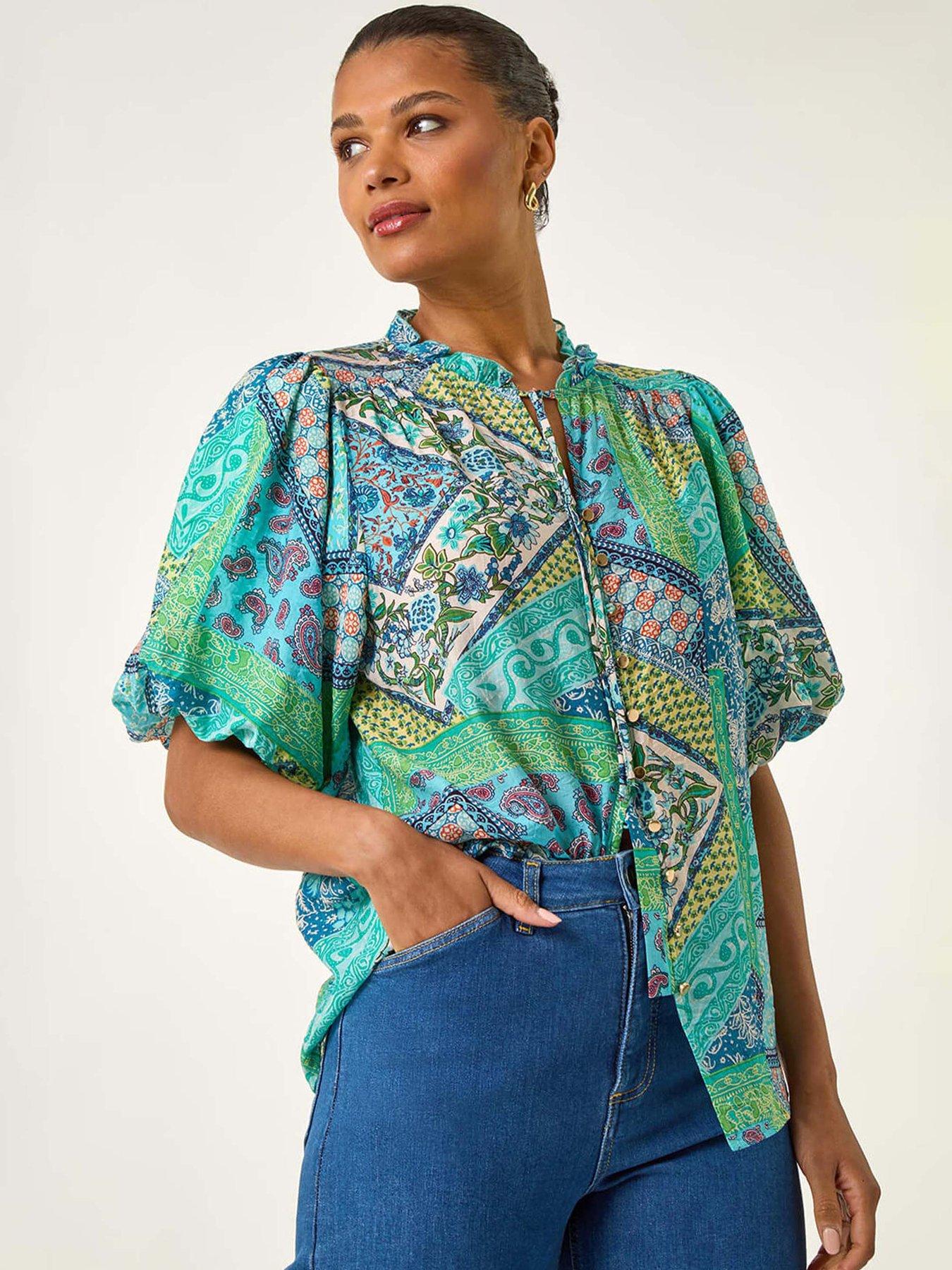 undefined Patchwork Print Tie Front Blouse  - Blue