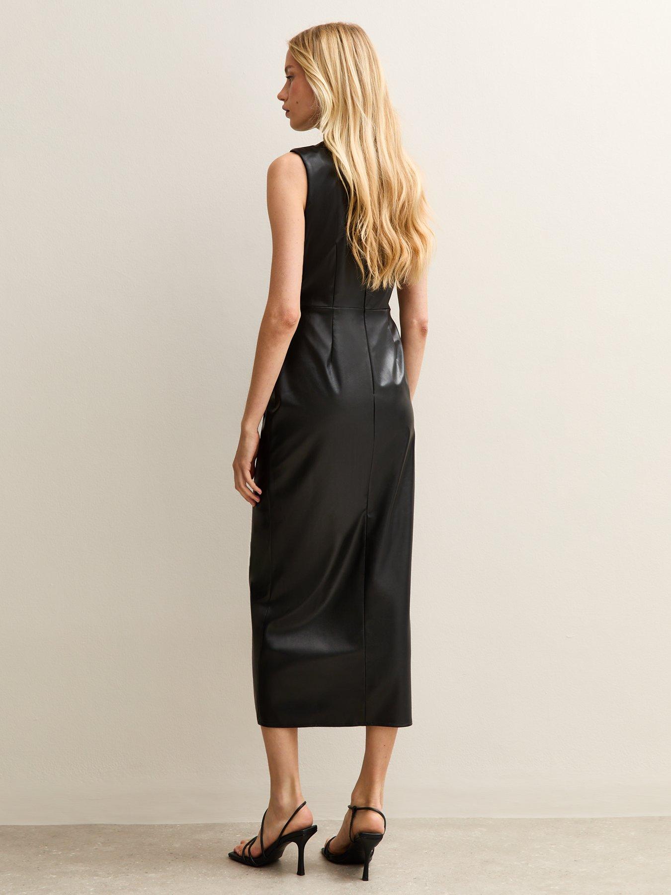 Image 2 of 4 of New Look Black Faux Leather Ruched Wrap Midi Dress