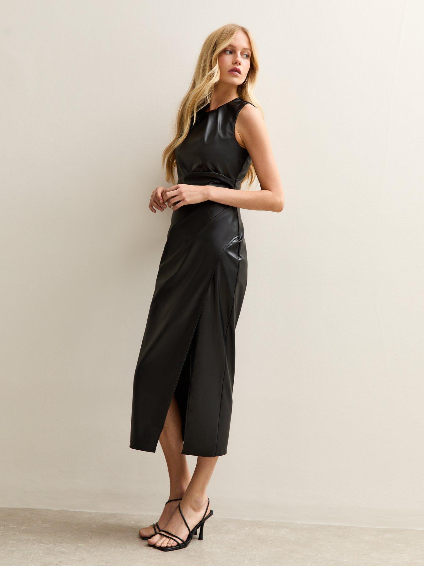 Image 3 of 4 of New Look Black Faux Leather Ruched Wrap Midi Dress