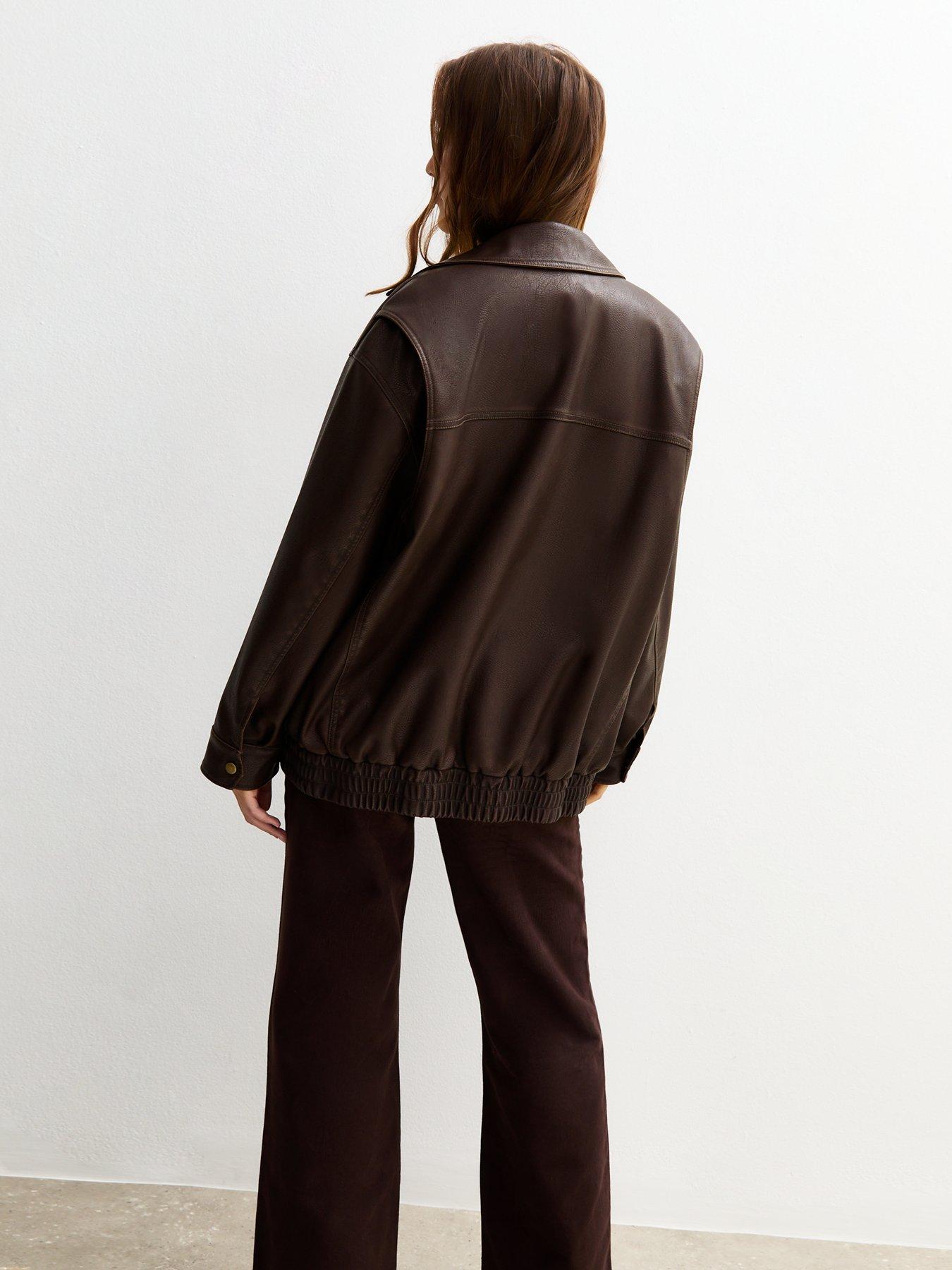 Image 2 of 6 of New Look Dark Brown Oversized Washed Faux Leather Jacket