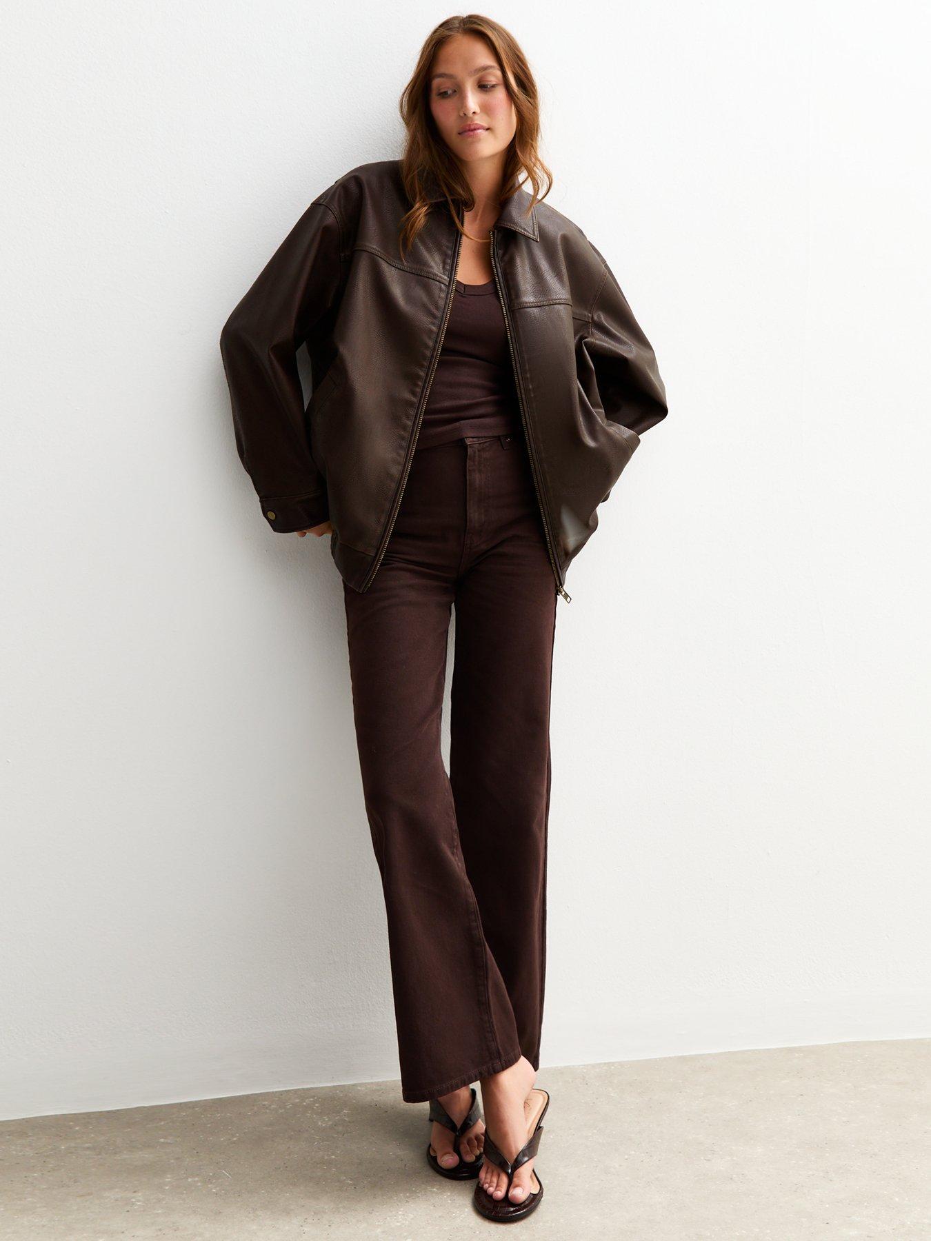 Image 3 of 6 of New Look Dark Brown Oversized Washed Faux Leather Jacket