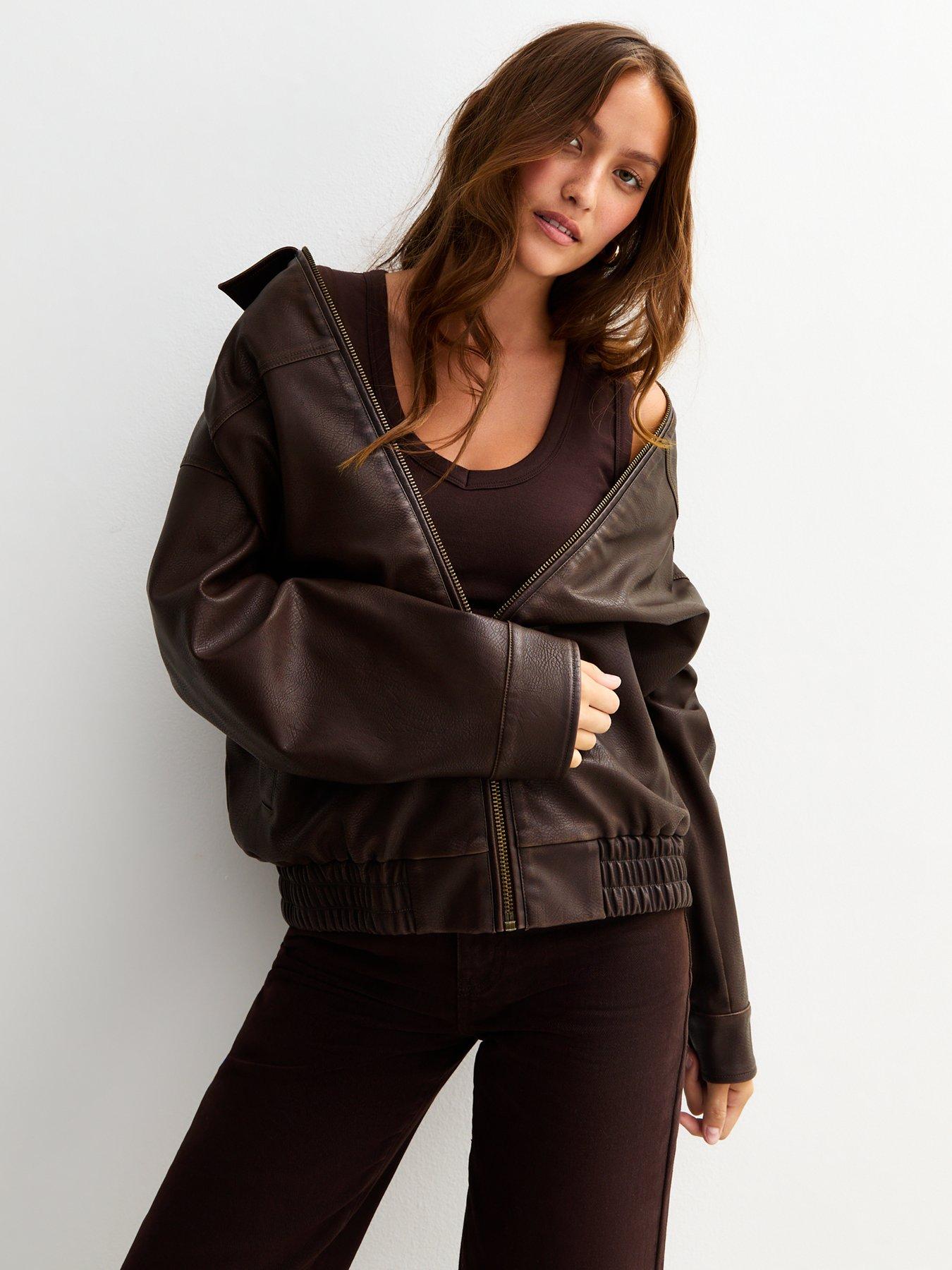 Image 4 of 6 of New Look Dark Brown Oversized Washed Faux Leather Jacket