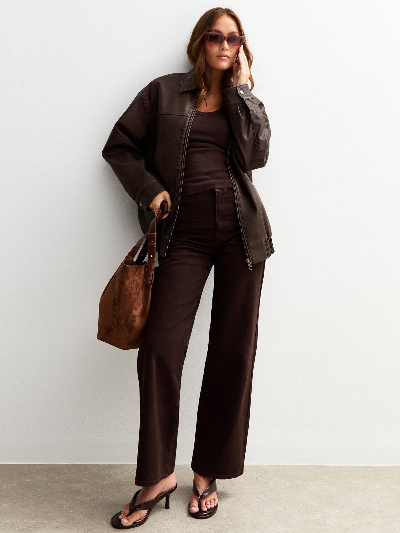 Image 5 of 6 of New Look Dark Brown Oversized Washed Faux Leather Jacket