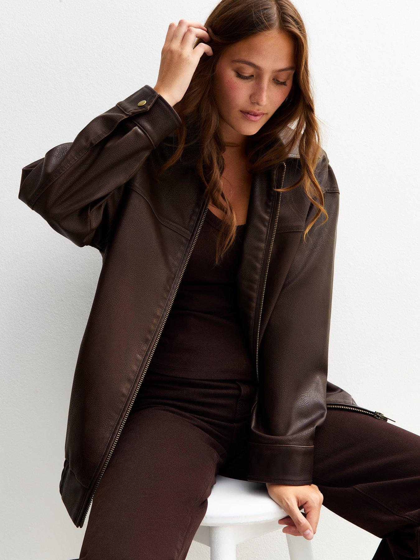 Image 6 of 6 of New Look Dark Brown Oversized Washed Faux Leather Jacket