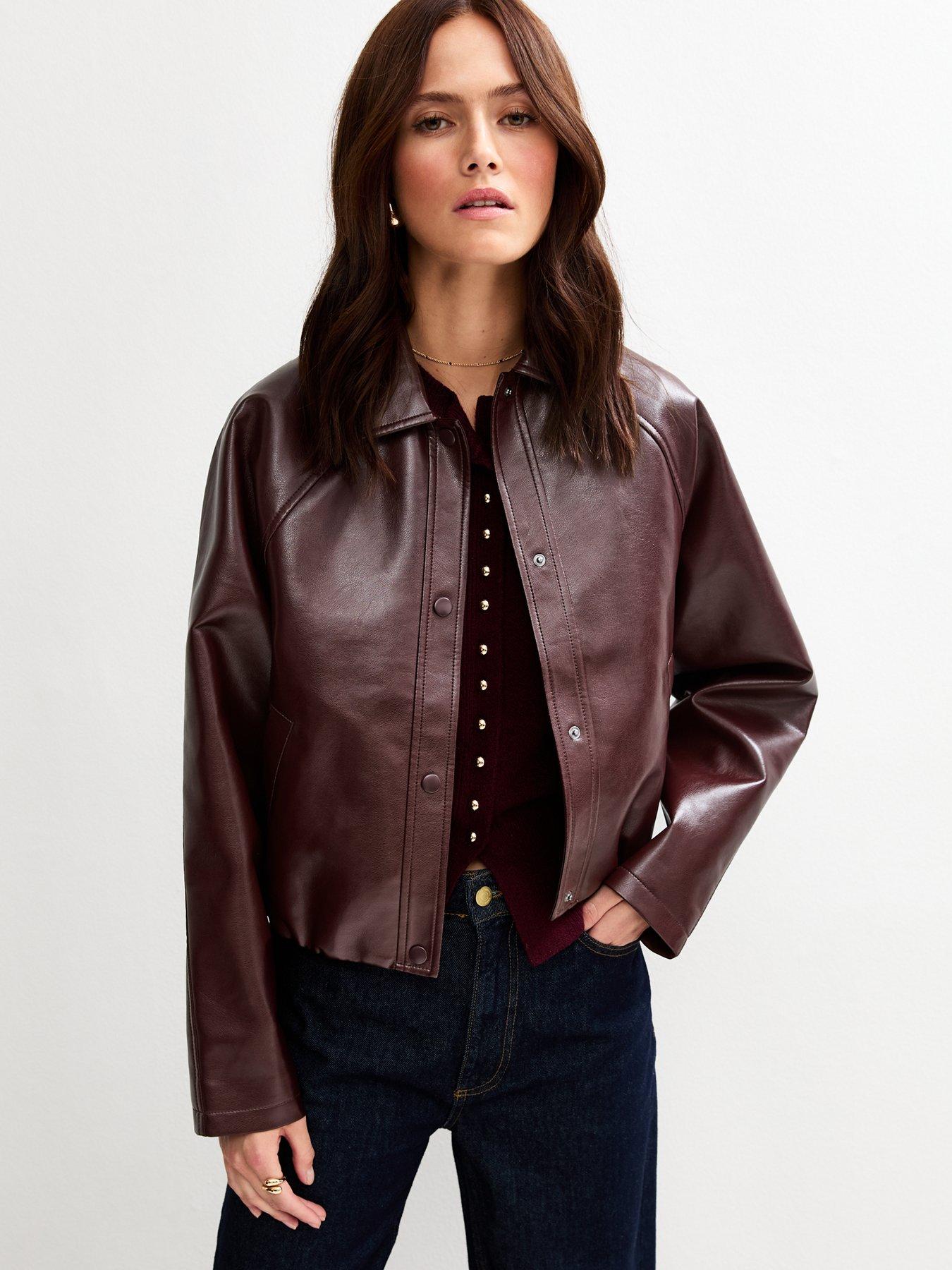 New Look Dark Burgundy Bubble Hem Faux Leather Jacket - Red