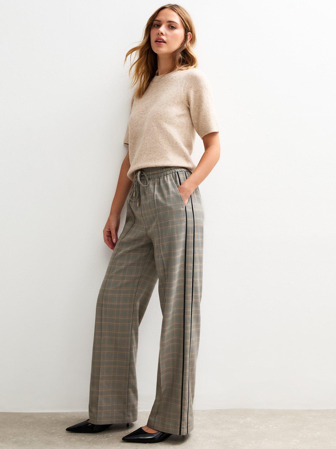 Image 1 of 5 of New Look Check Side Stripe Wide Leg Trousers - Black Print