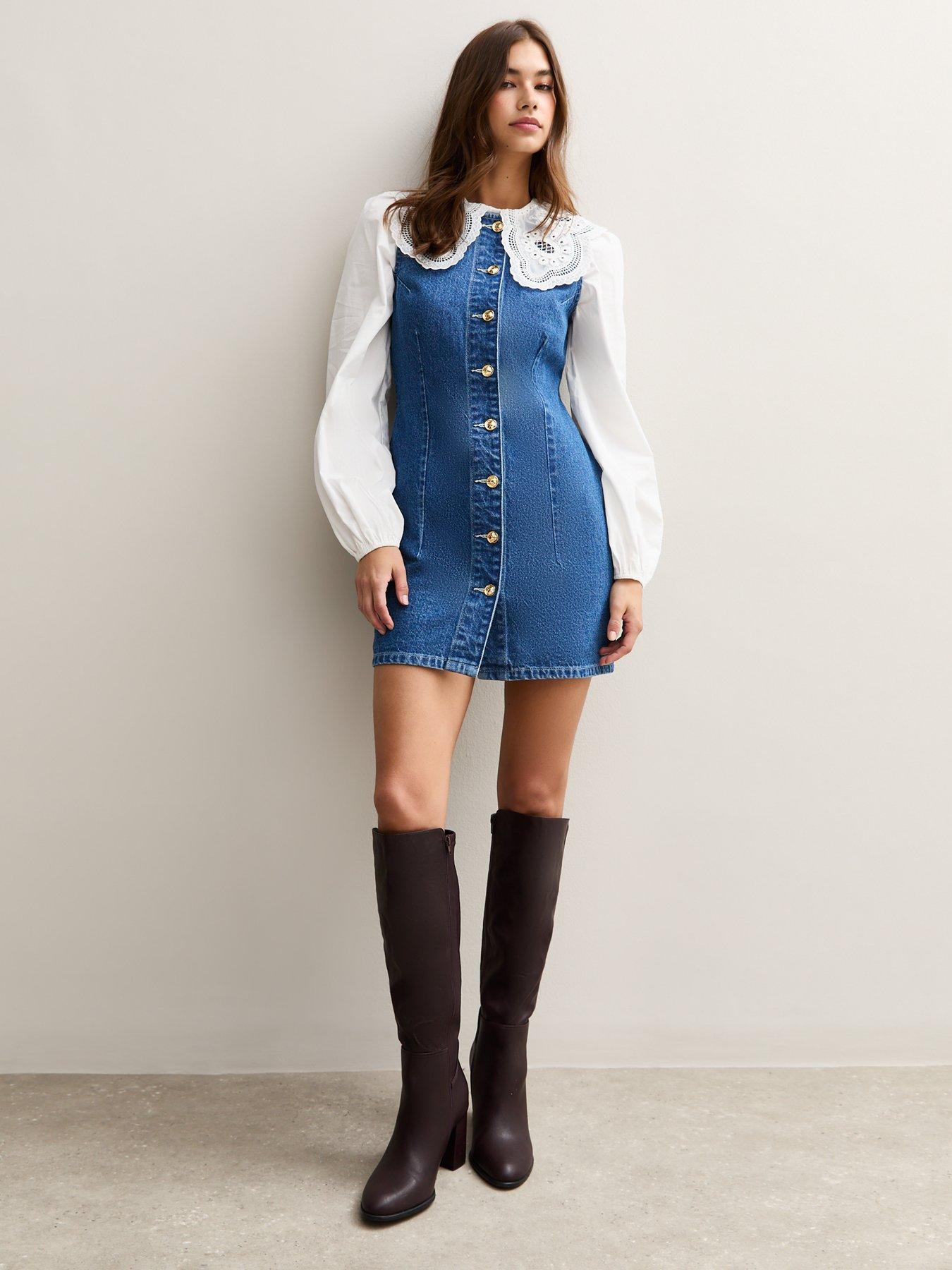 New Look Cinched Denim Shift Dress - Blue