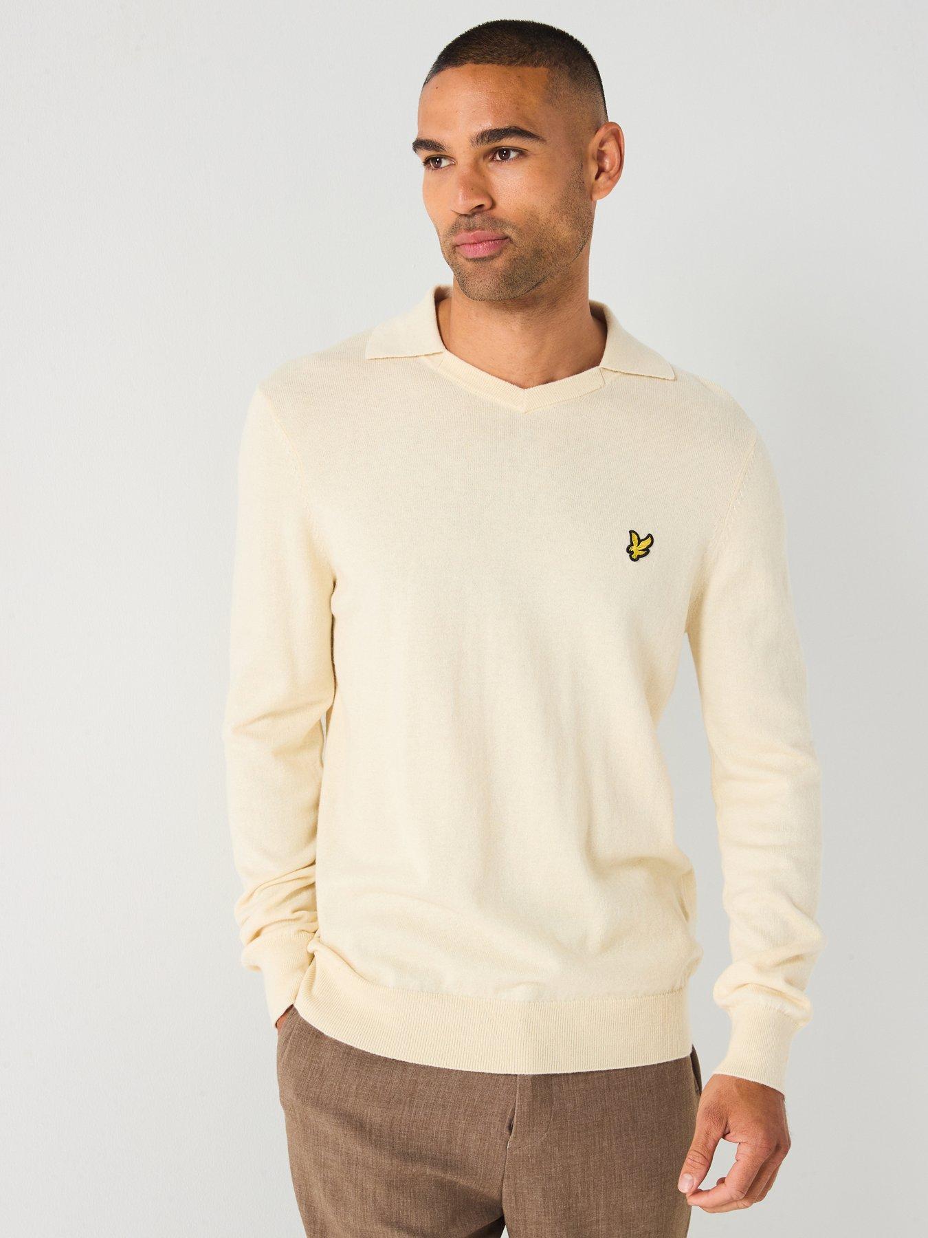 Lyle & Scott Cotton Merino Football Open Collar Jumper - Cream