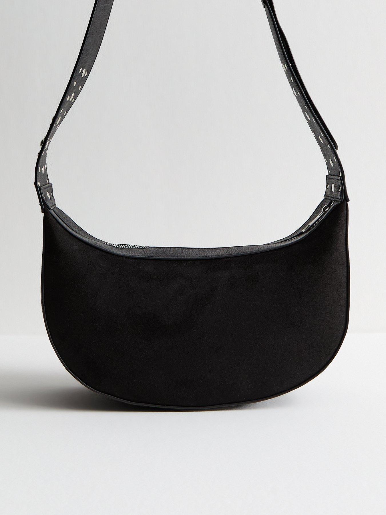 New Look Faux Suede Studded Strap Sling Crossbody Bag - Black