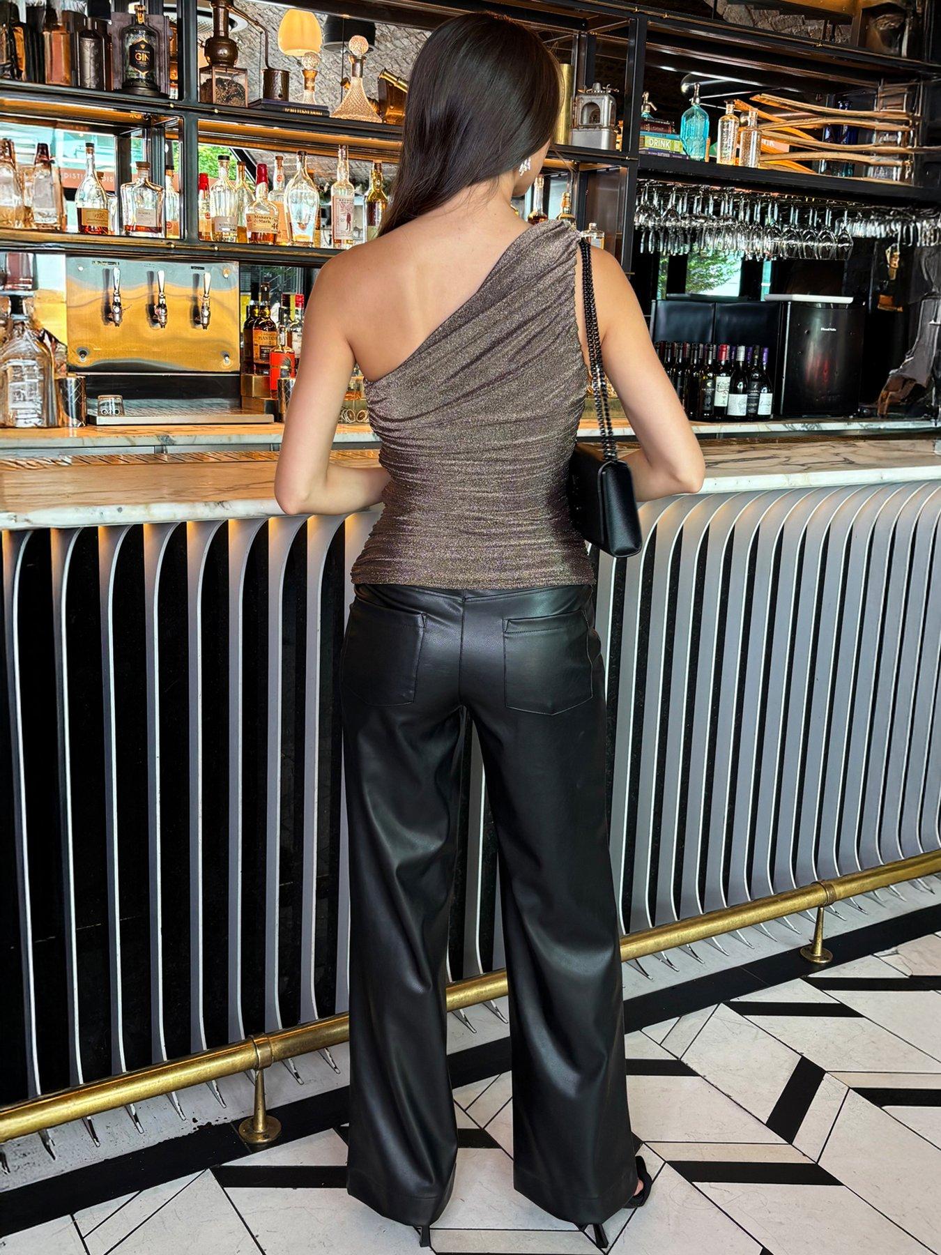 ax-paris-sparkle-one-shoulder-ring-detail-ruched-top-brownoutfit