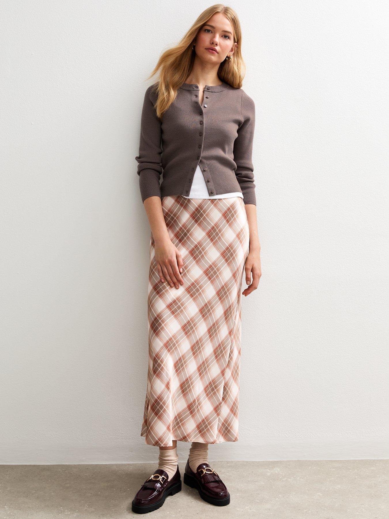 New Look Checked Satin Bias Cut Midi Skirt - Pink