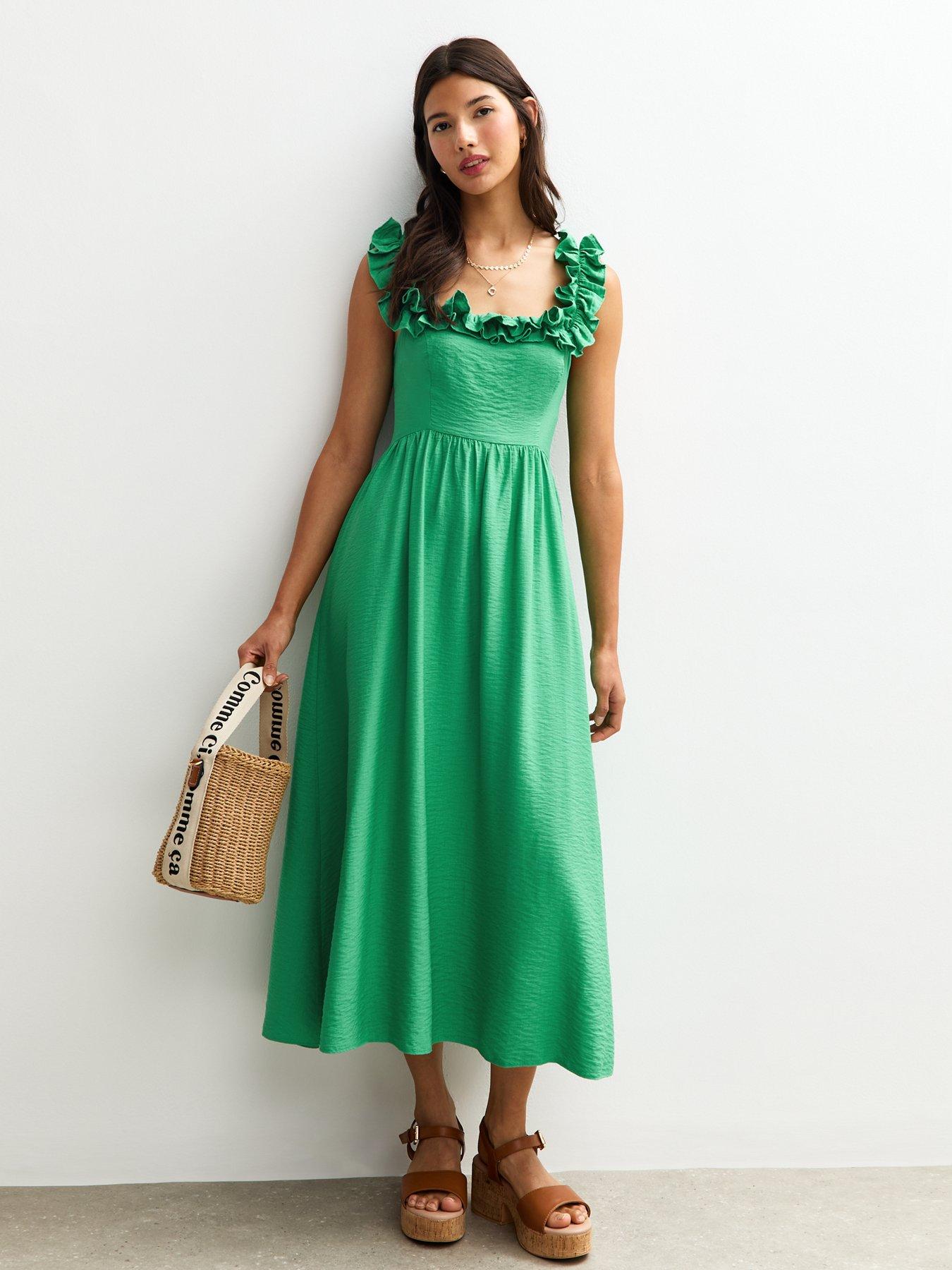 New Look Square Neck Ruffled Bow Tie Back Midi Dress - Green