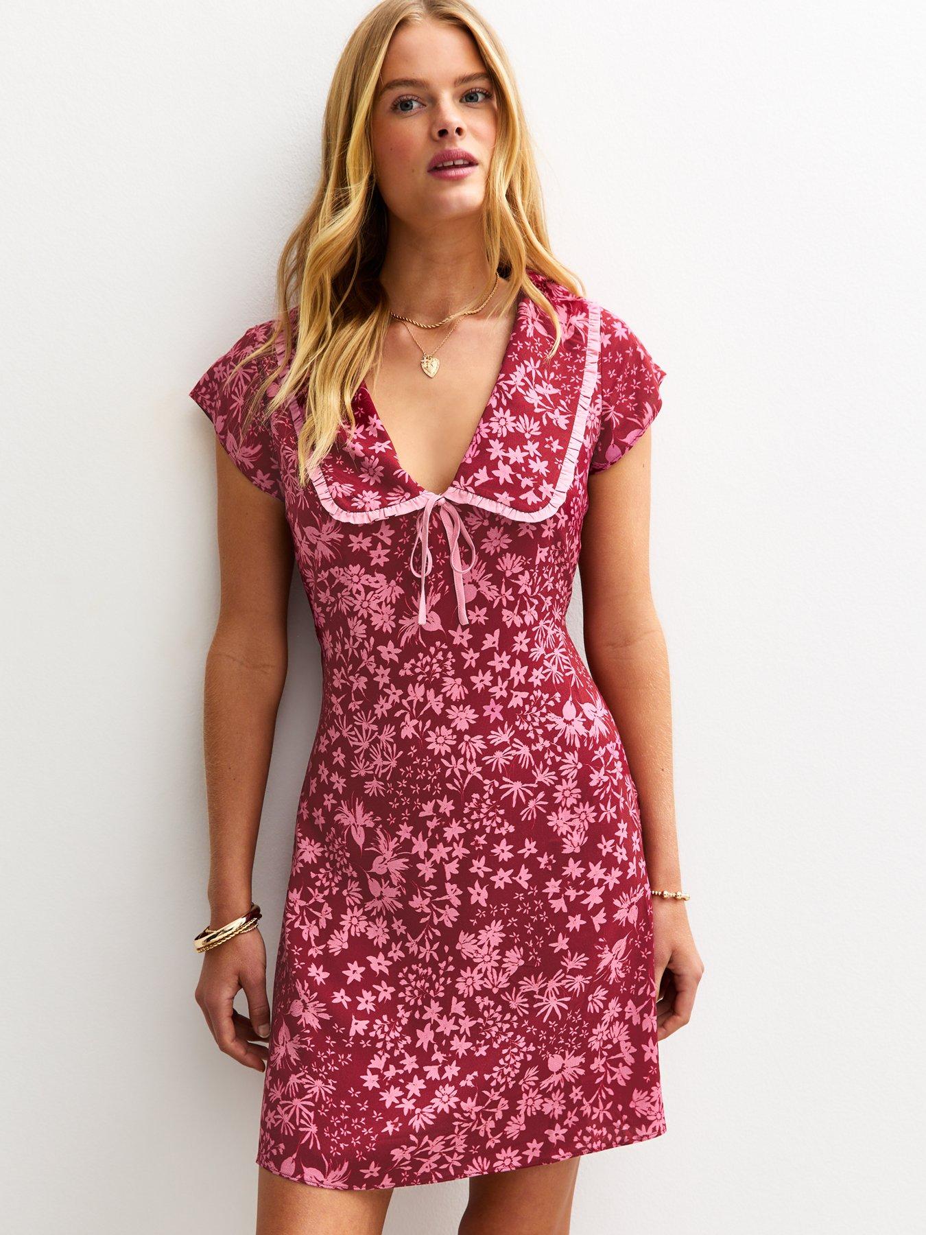 New Look Floral Print Collared Mini Dress - Burgundy