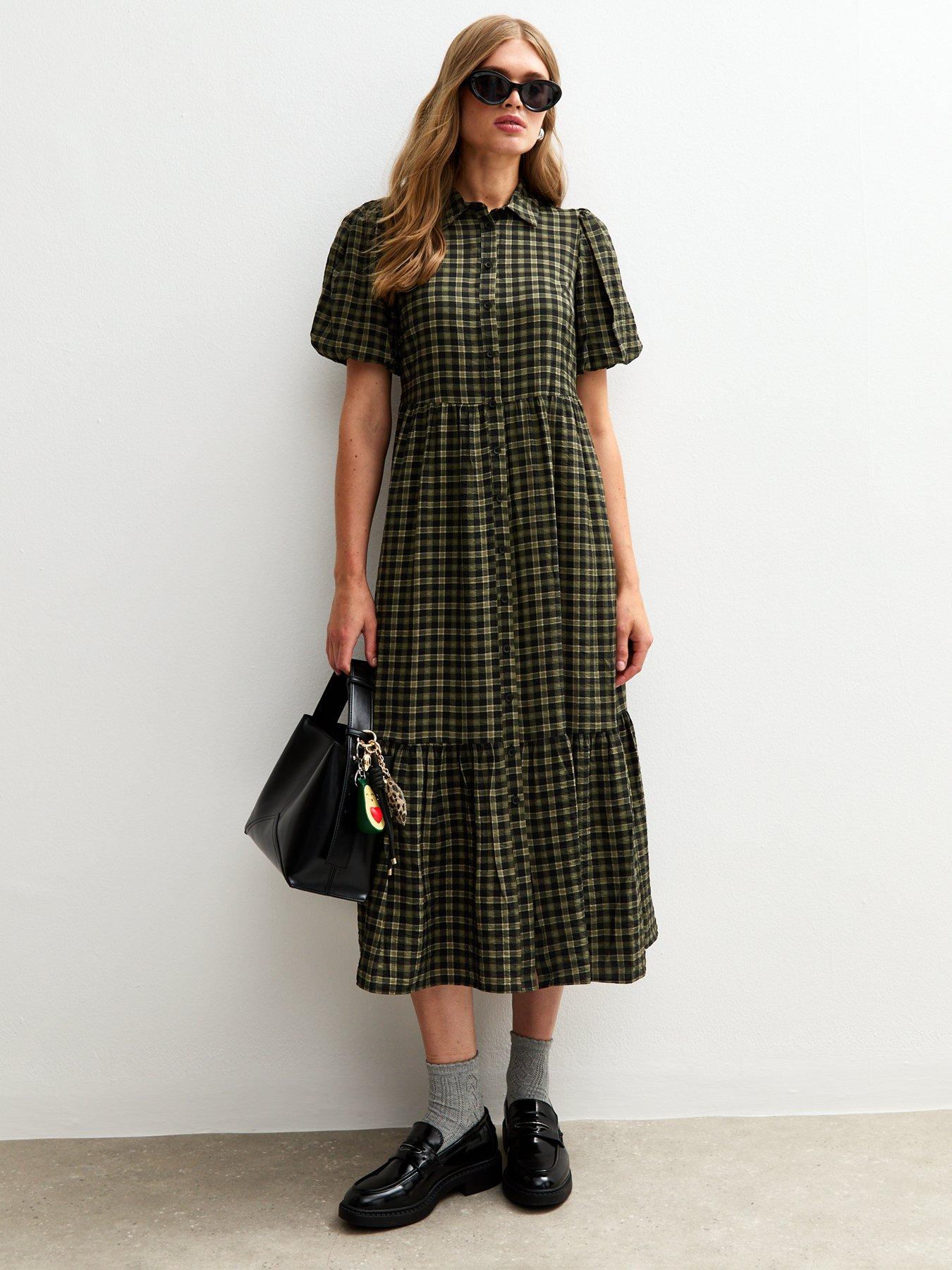 New Look Check Print Midi Shirt Dress - Green