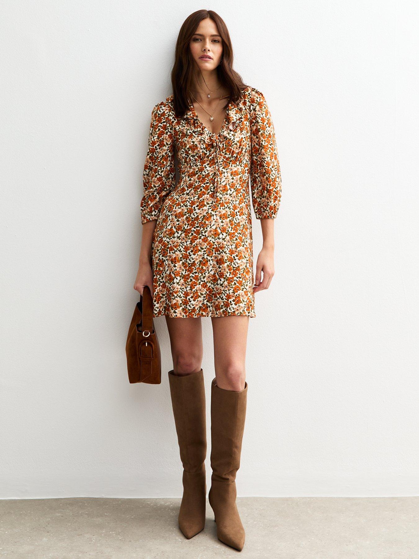New Look Floral Print Ruffle Collar Mini Dress - Cream