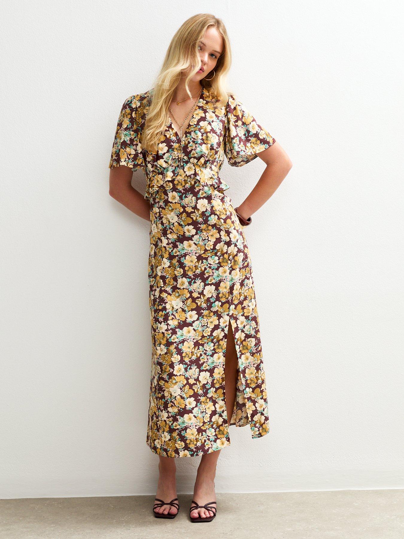 new-look-brown-floral-print-ruffle-trim-midi-dress-yellow