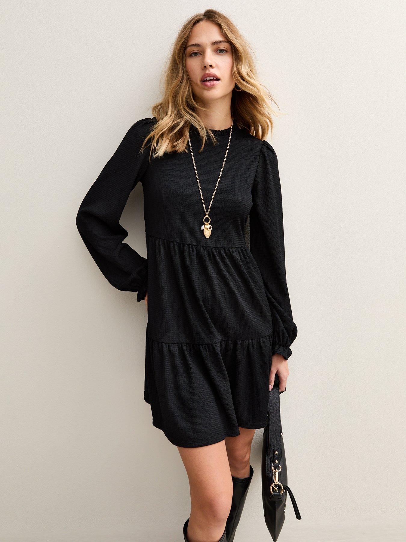 Image 1 of 6 of New Look Smocked Tiered Mini Dress - Black
