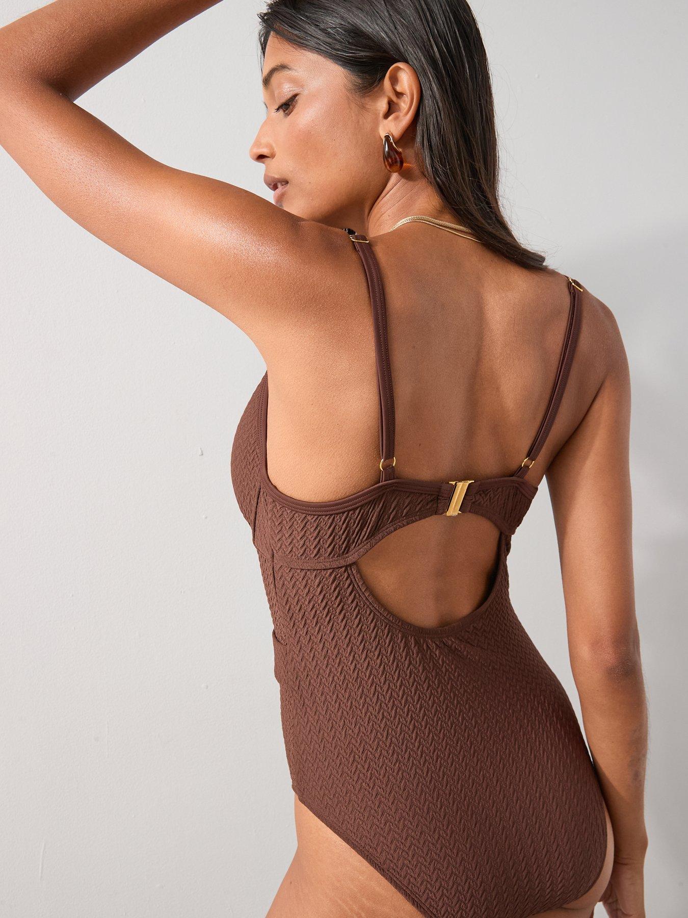 Image 2 of 7 of The Very Collection Shape Enhancing Floral Belted Swimsuit - Brown