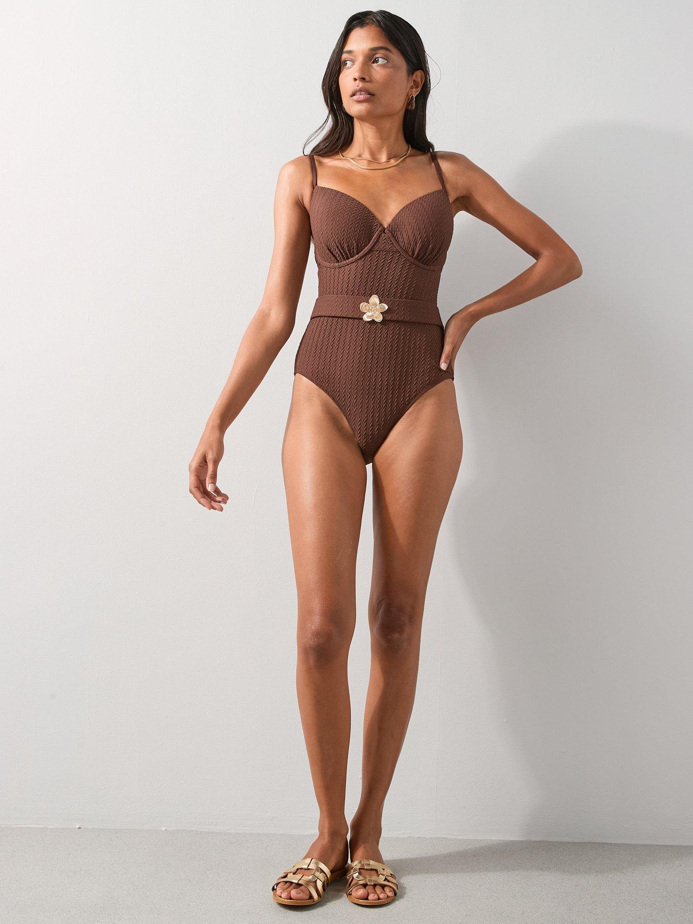 Image 3 of 7 of The Very Collection Shape Enhancing Floral Belted Swimsuit - Brown