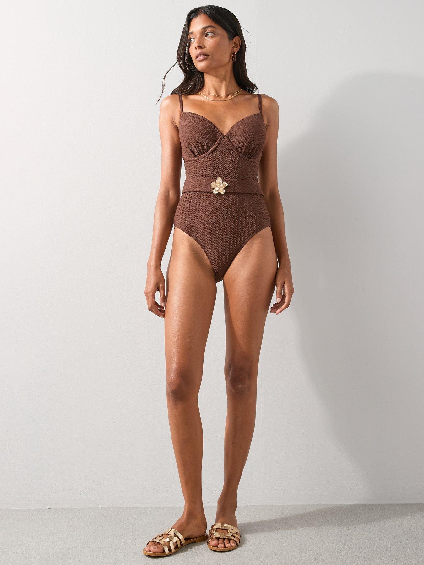 Image 5 of 7 of The Very Collection Shape Enhancing Floral Belted Swimsuit - Brown
