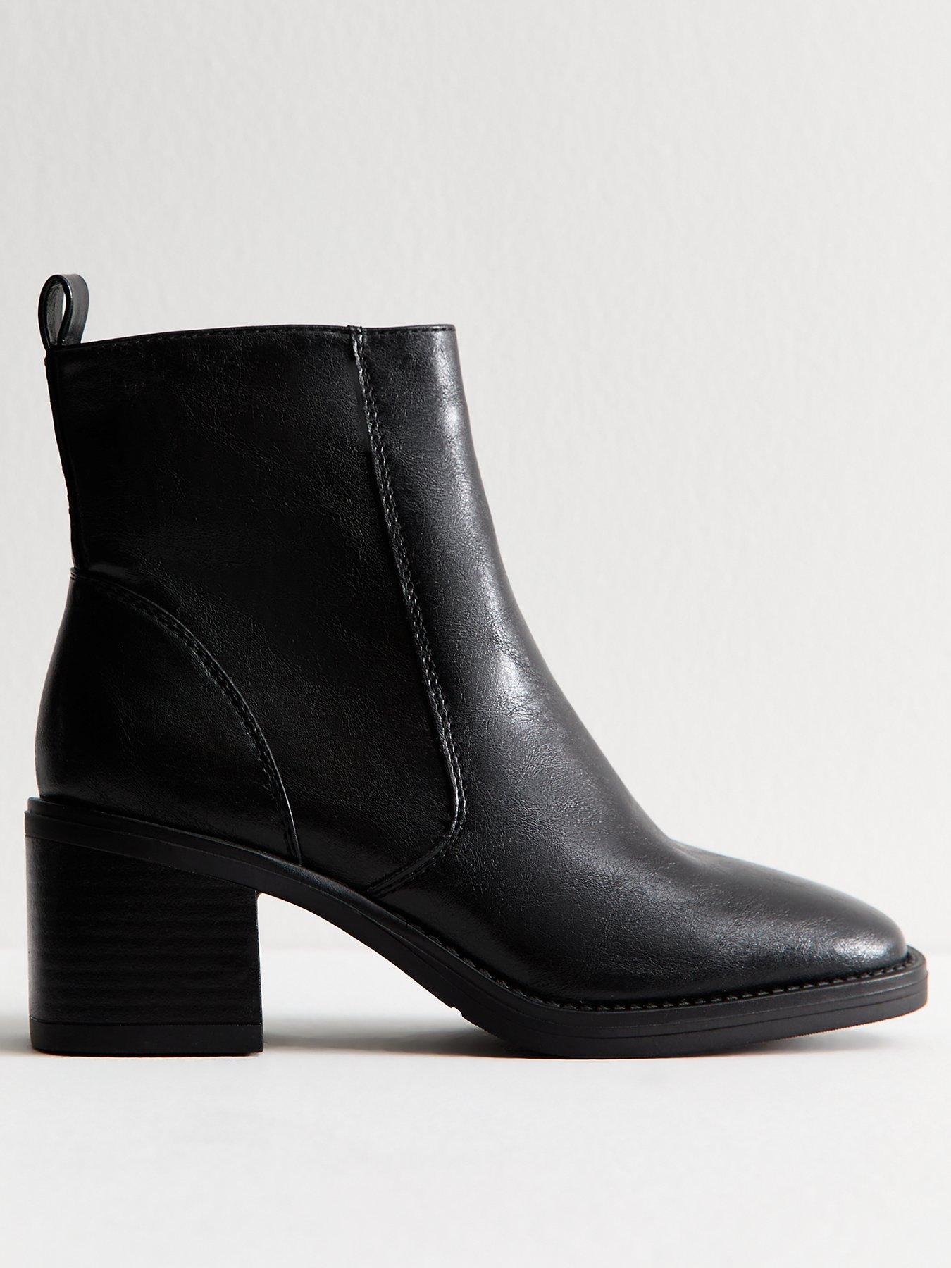 New Look Black Faux Leather Block Heel Ankle Boots