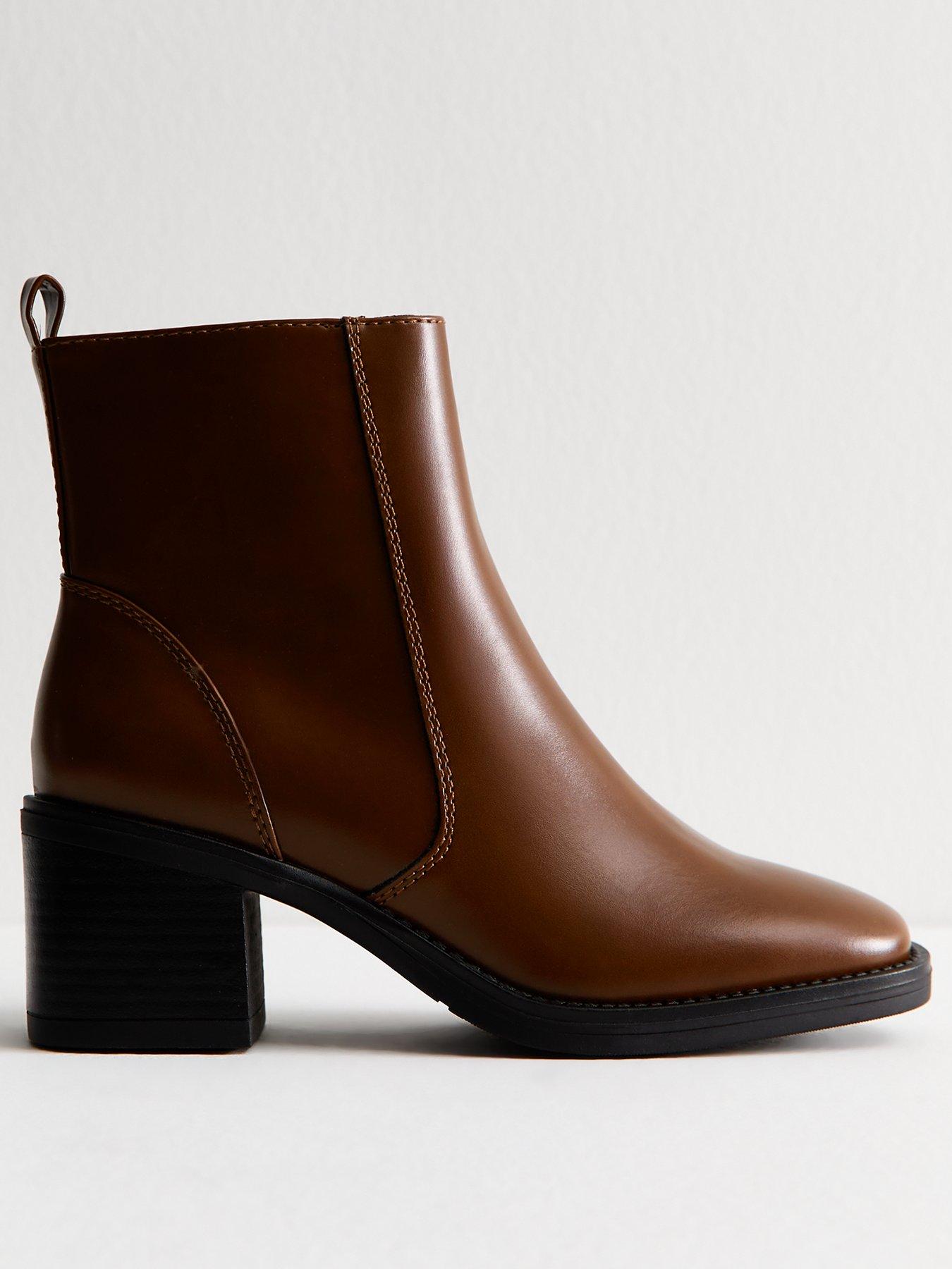 New Look Brown Faux Leather Block Heel Ankle Boots