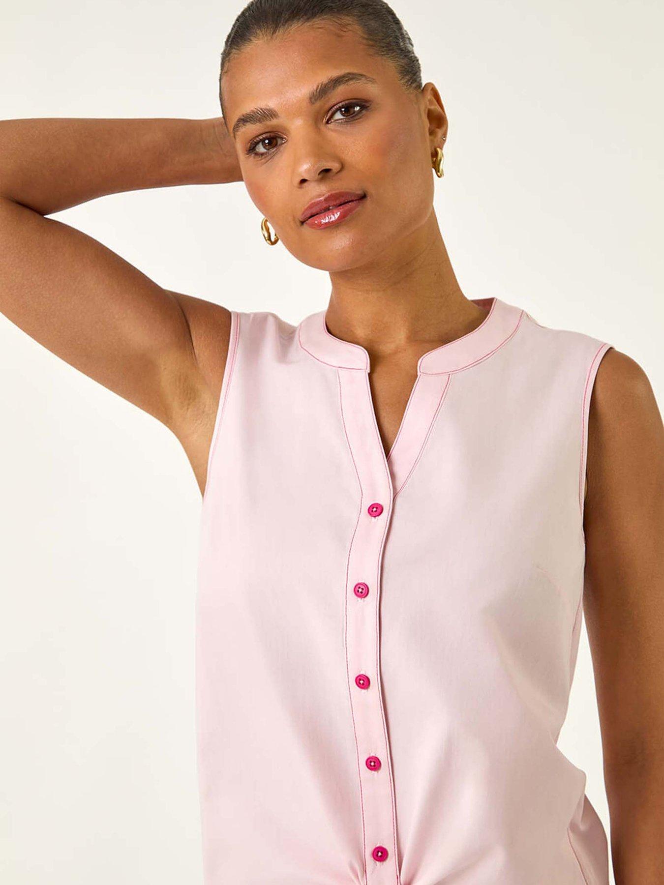 roman-contrast-v-neck-tie-front-blouse-pinkoutfit