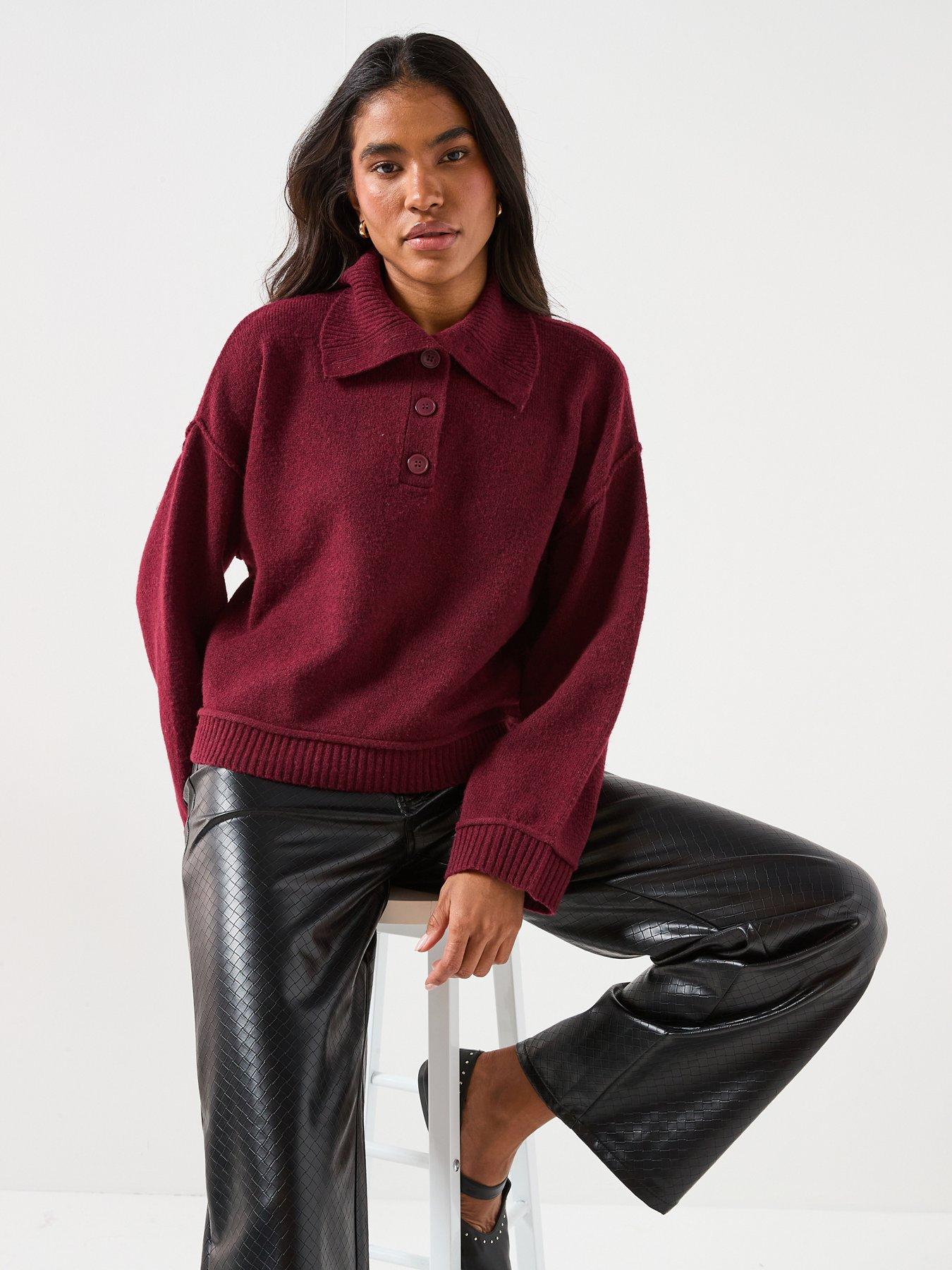 Image 1 of 6 of Only Haze Button Collared Knit Jumper - Red