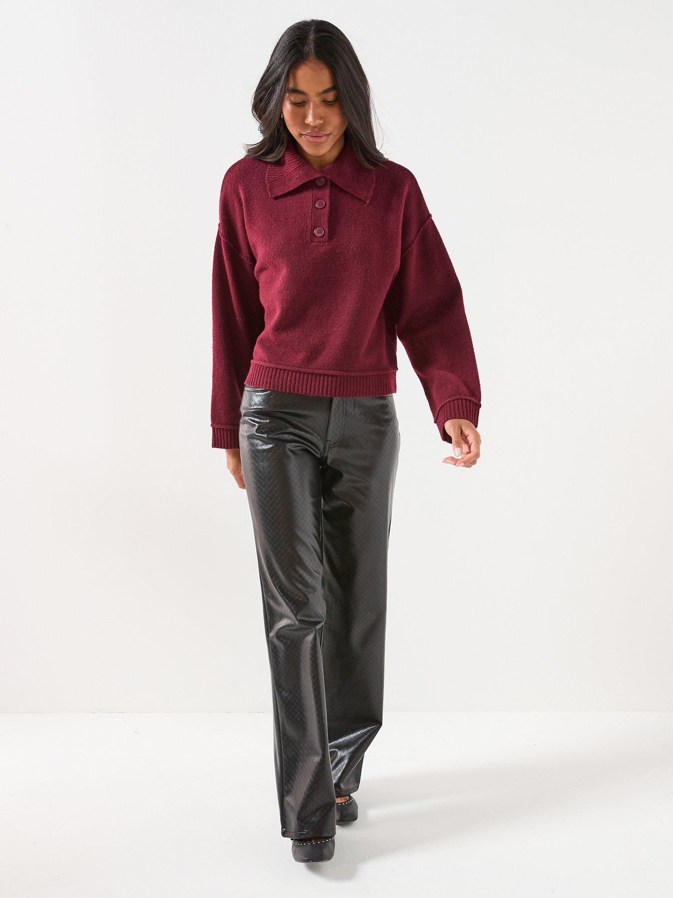 Image 3 of 6 of Only Haze Button Collared Knit Jumper - Red