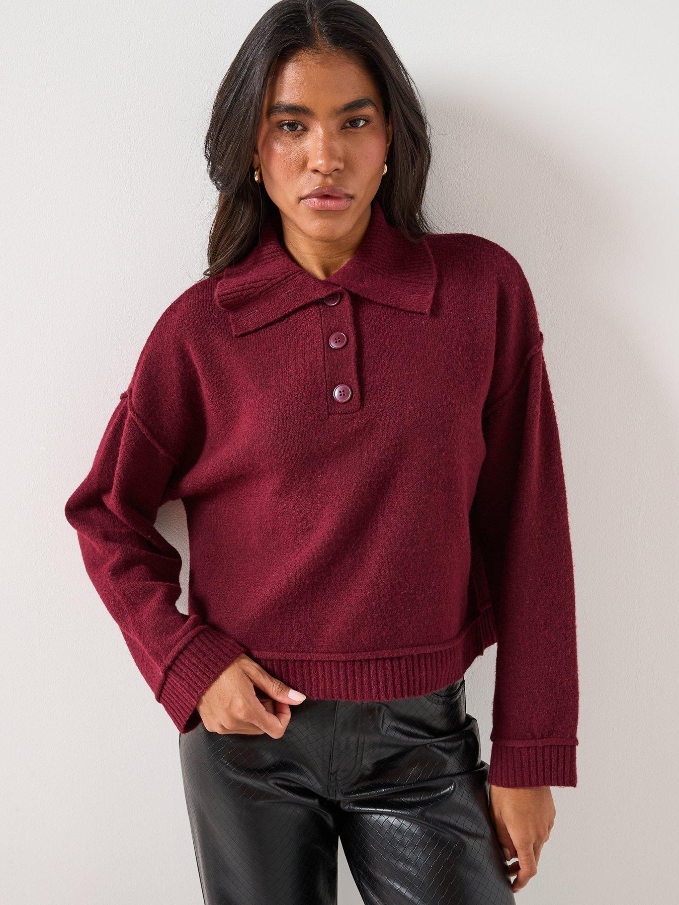 Image 6 of 6 of Only Haze Button Collared Knit Jumper - Red