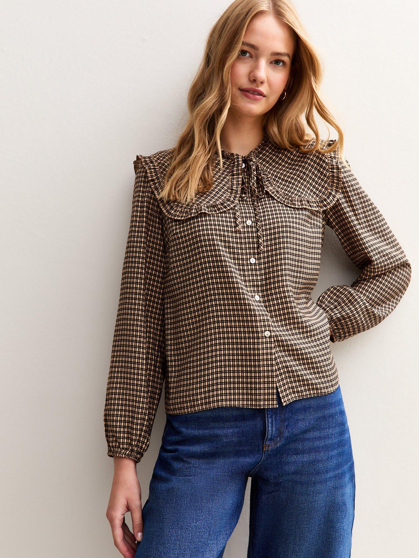 new-look-checked-print-frill-collar-shirt-brownfront