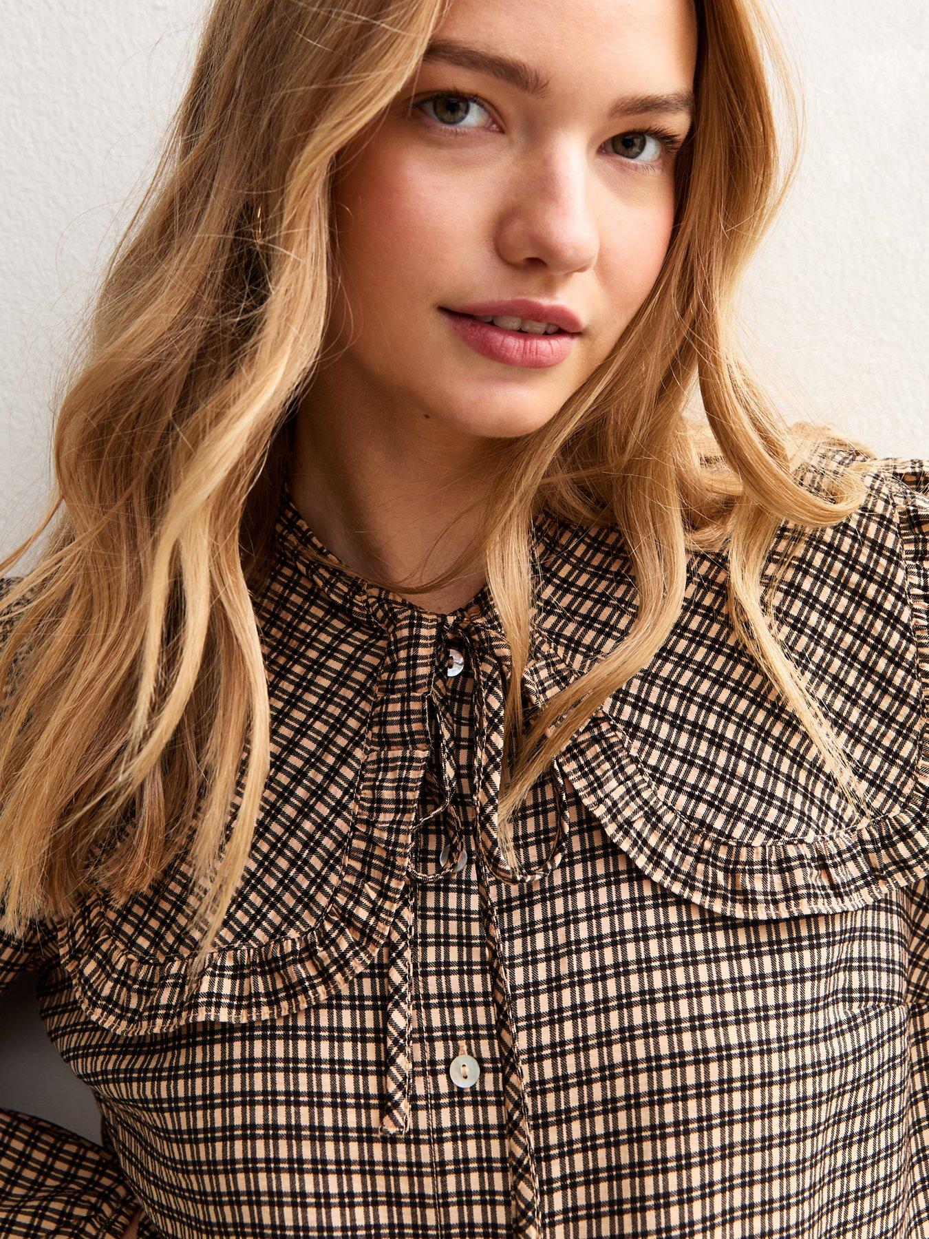 new-look-checked-print-frill-collar-shirt-brownoutfit