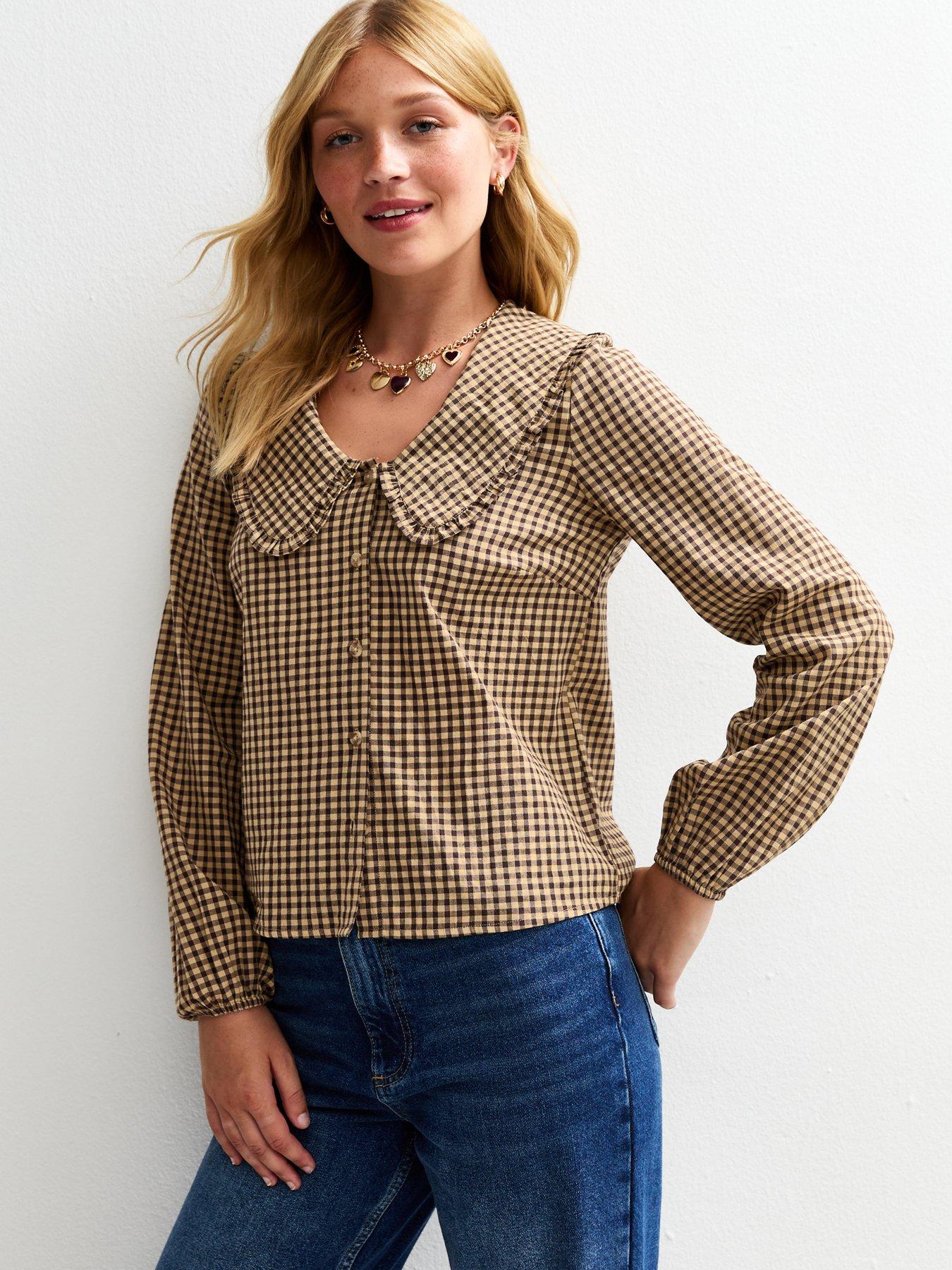 new-look-brown-gingham-check-frill-collar-blouse