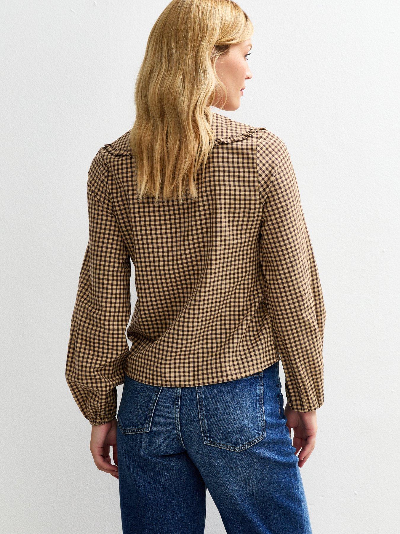 new-look-brown-gingham-check-frill-collar-blousestillFront