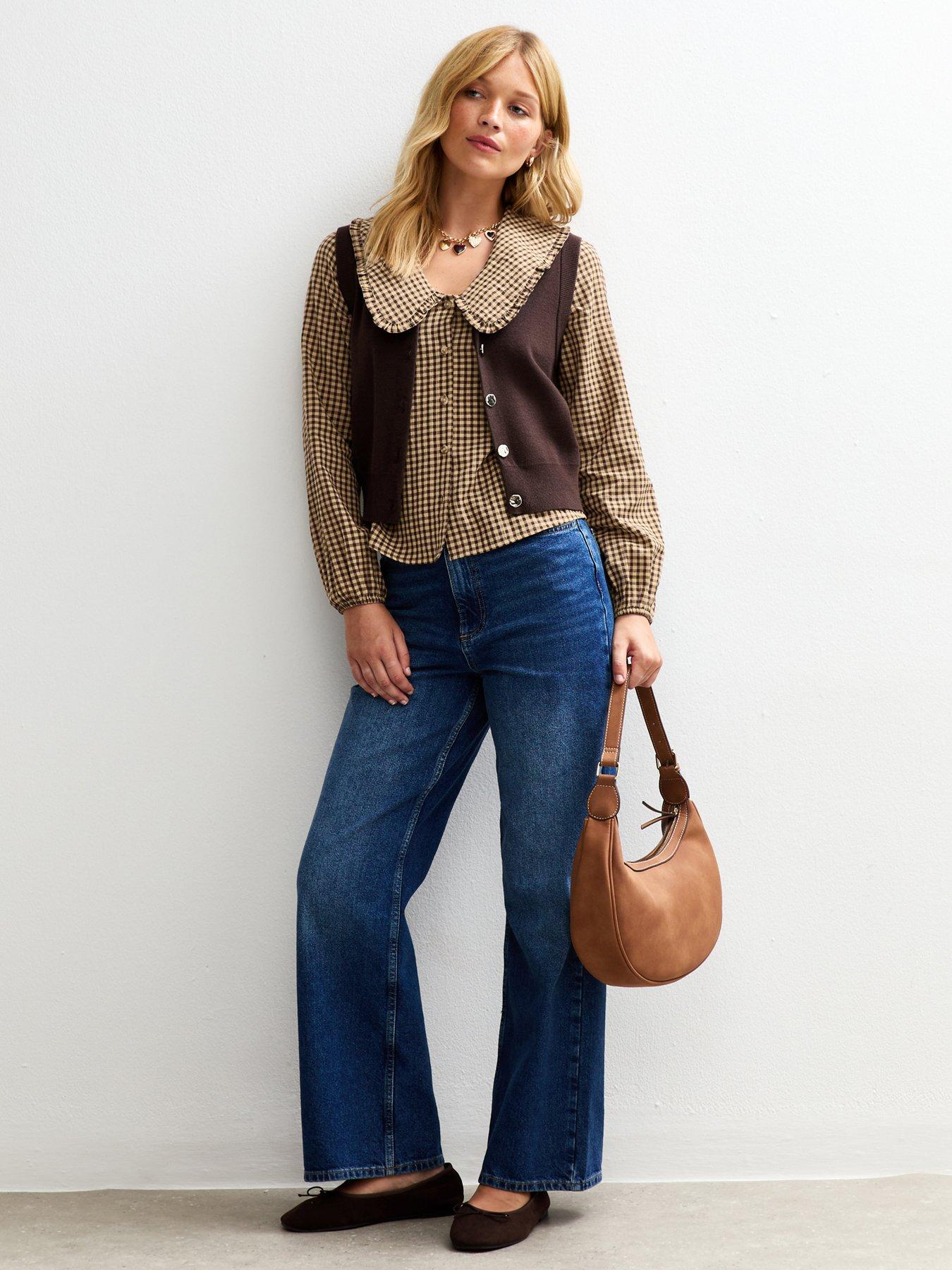 new-look-brown-gingham-check-frill-collar-blousedetail