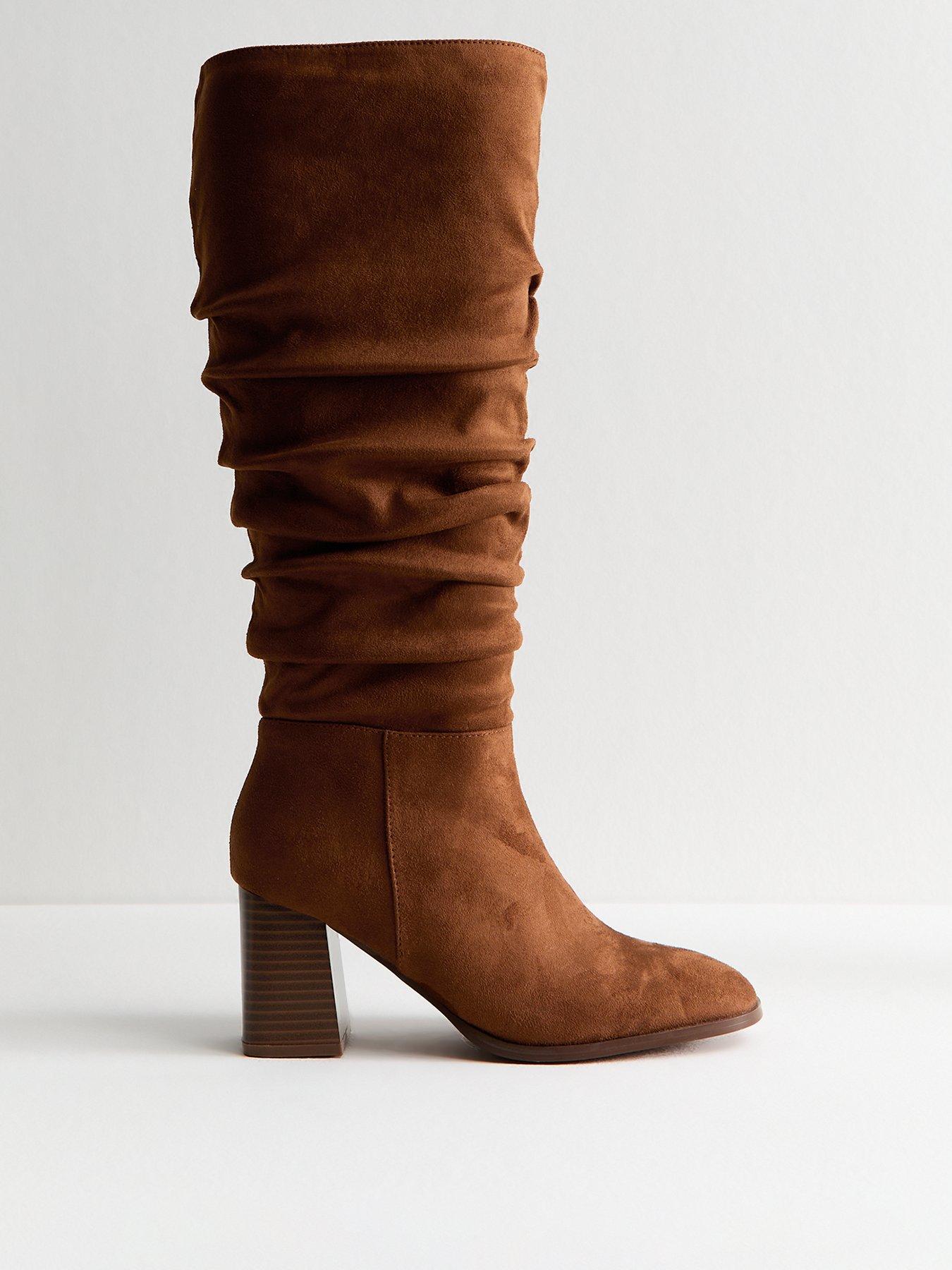 New Look Faux Suede Ruched Knee High Boots - Brown Tan