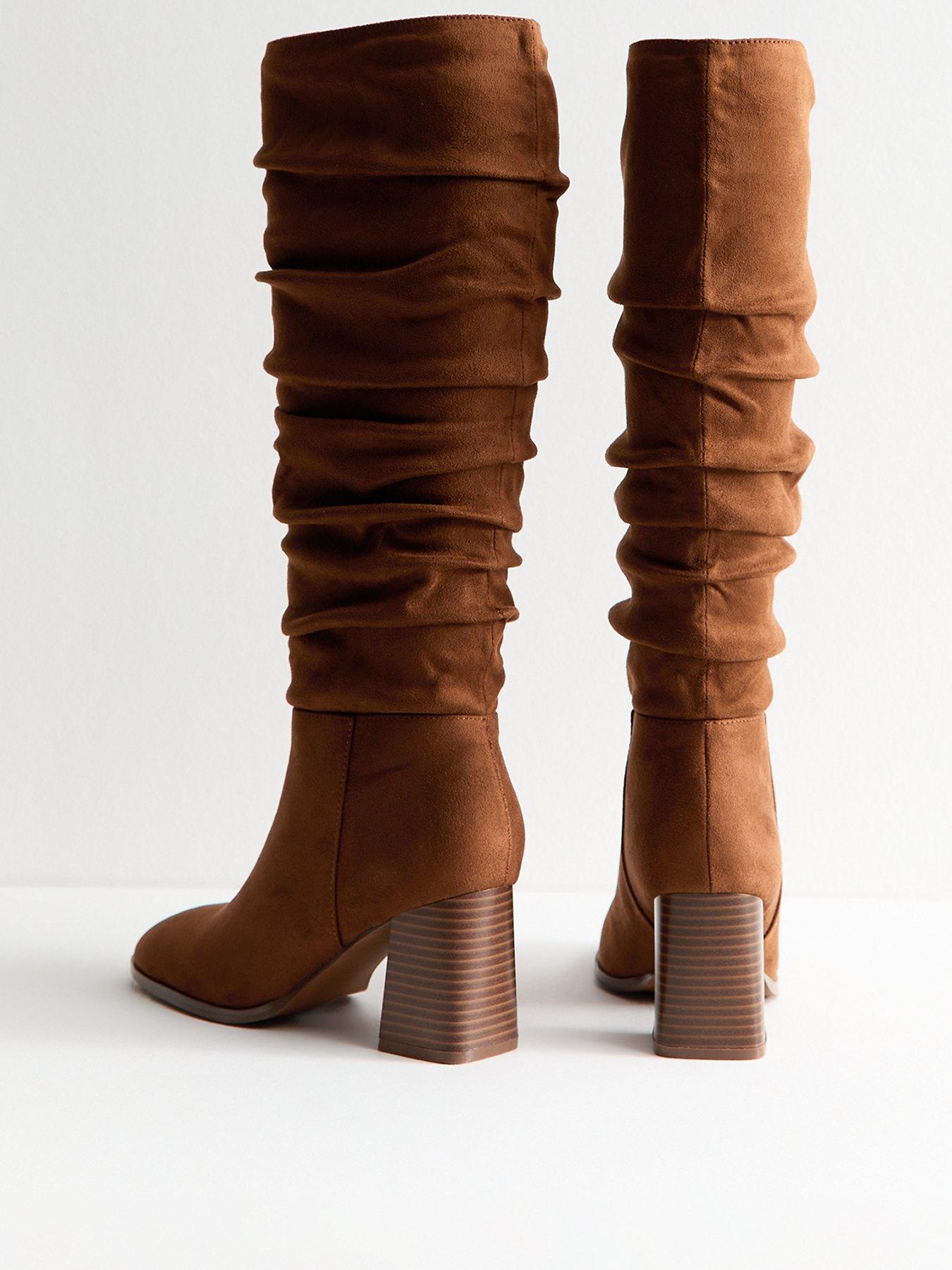 new-look-faux-suede-ruched-knee-high-boots-brown-tanback