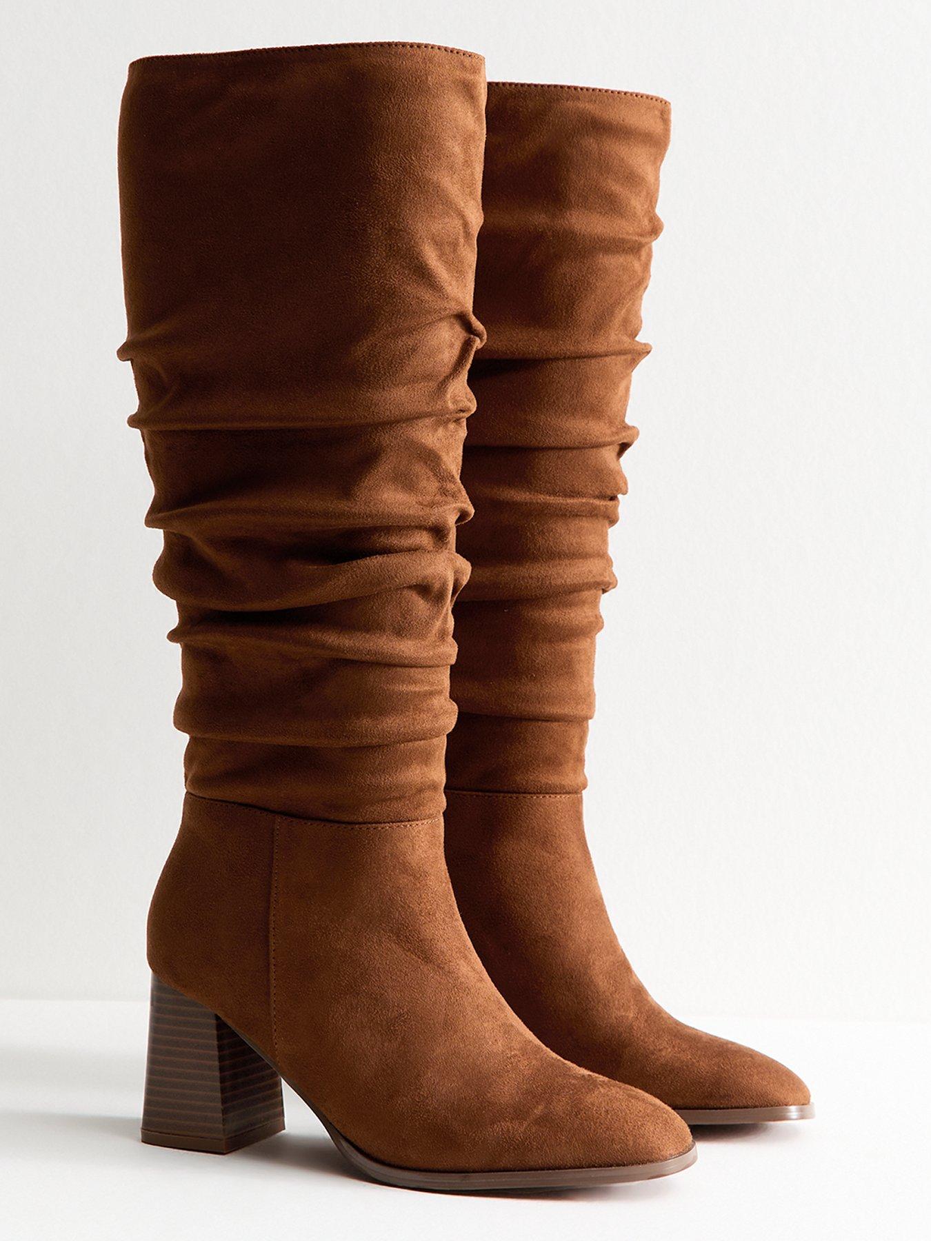 new-look-faux-suede-ruched-knee-high-boots-brown-tanoutfit