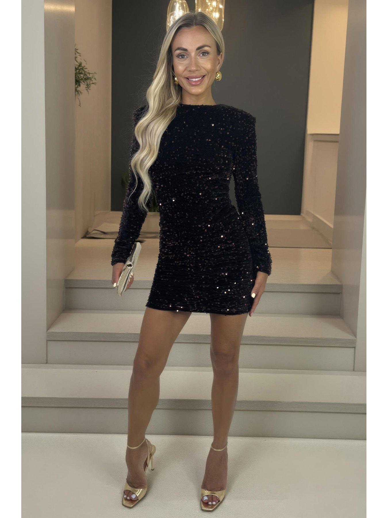 AX Paris Velvet Sequin Long Sleeve Mini Dress - Brown