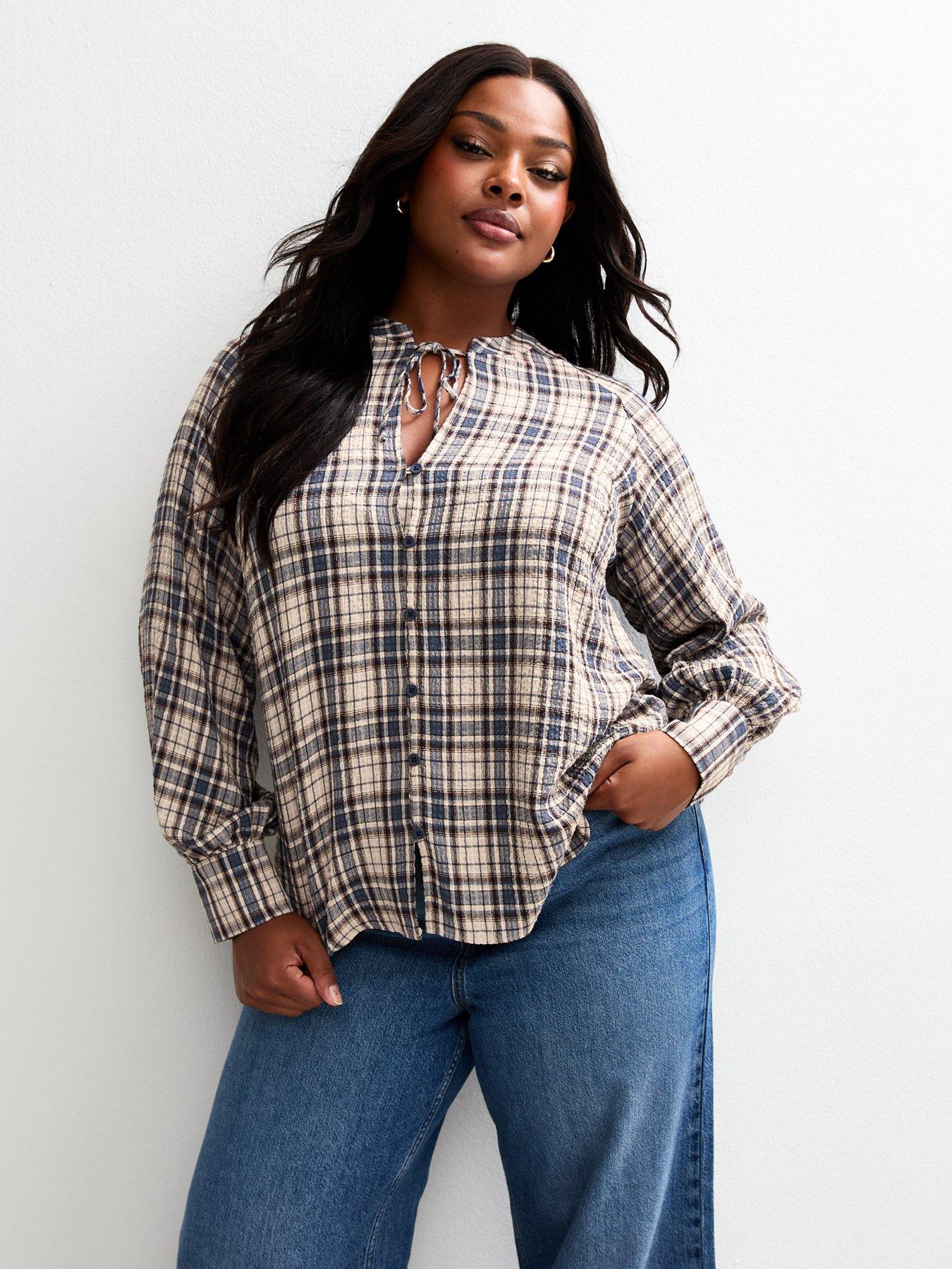 New Look Curves Blue Checked Tie Neck Blouse