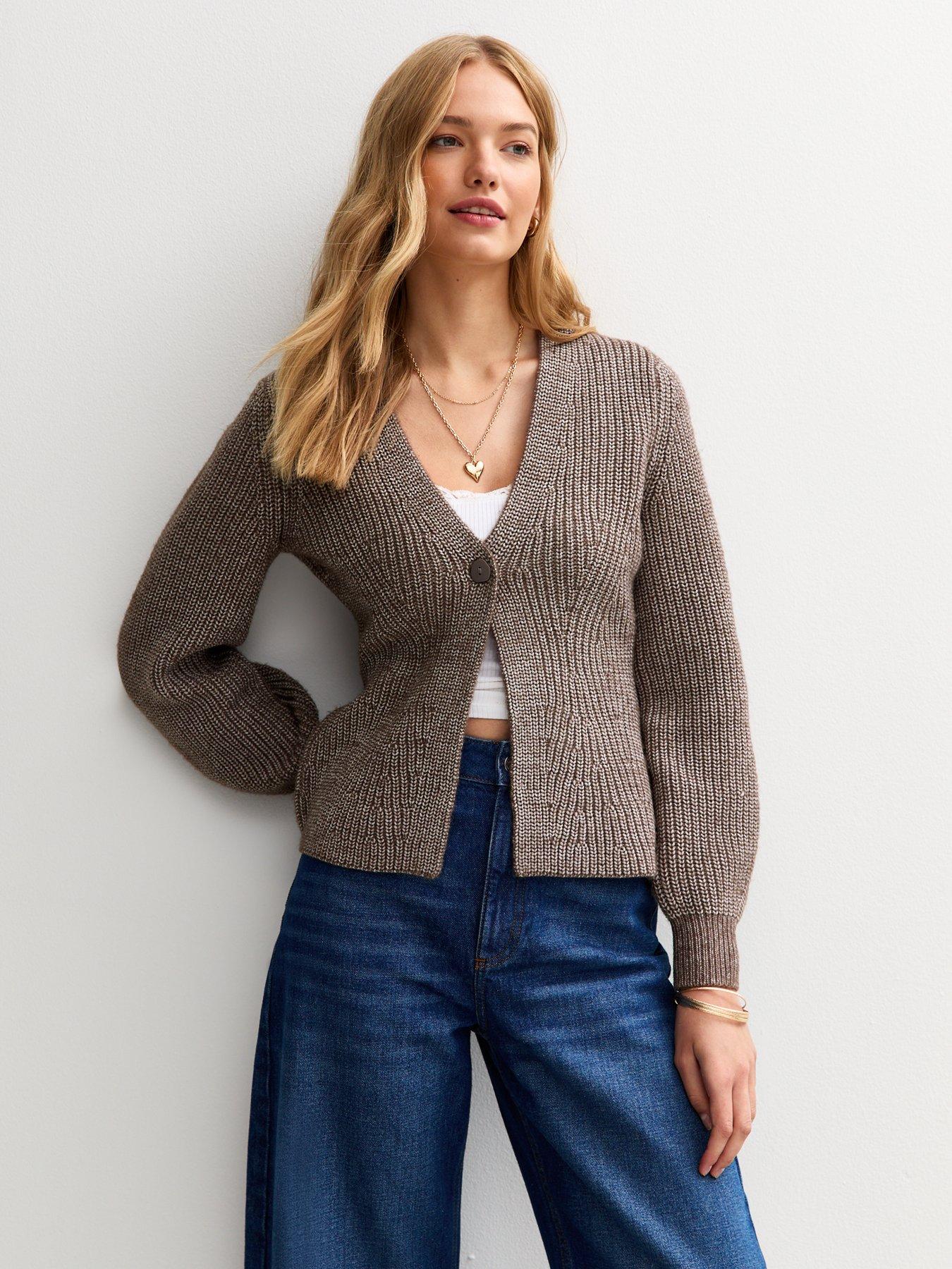 New Look Dark Mink Ribbed Knit Single Button Cardigan - Brown