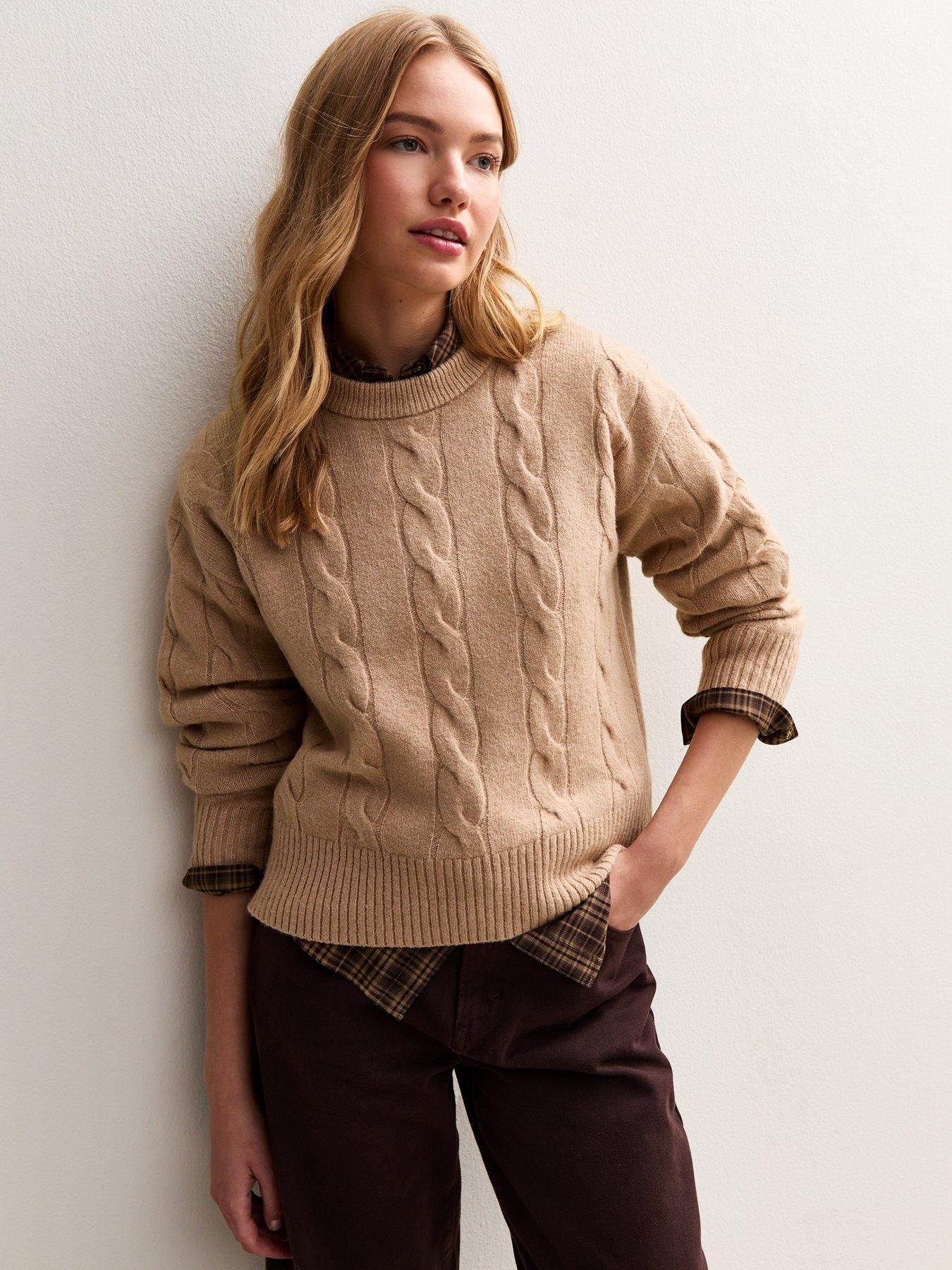 New Look Camel Cable Knit Crew Neck Jumper