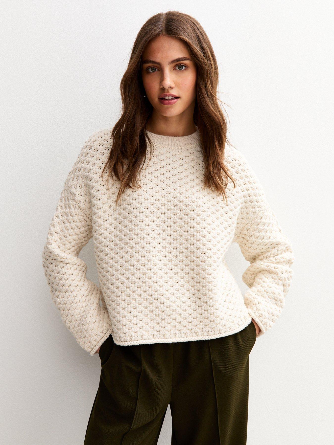 New Look Off White Moss Stitch Crew Neck Jumper