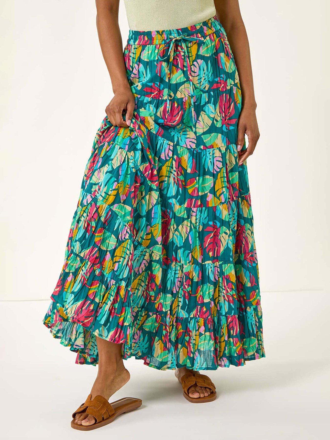 roman-palm-print-tiered-a-line-skirt-bluefront