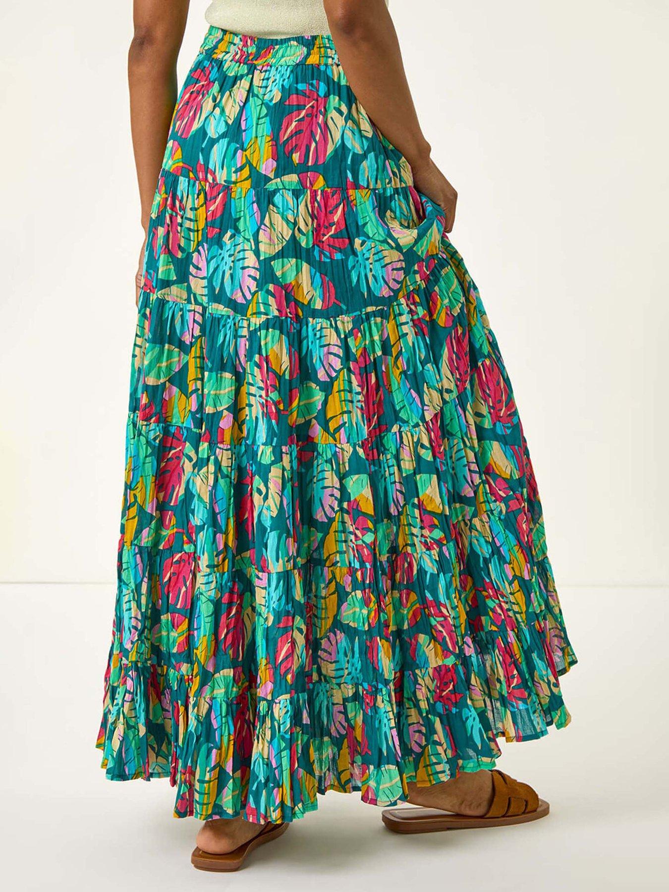 roman-palm-print-tiered-a-line-skirt-bluestillFront