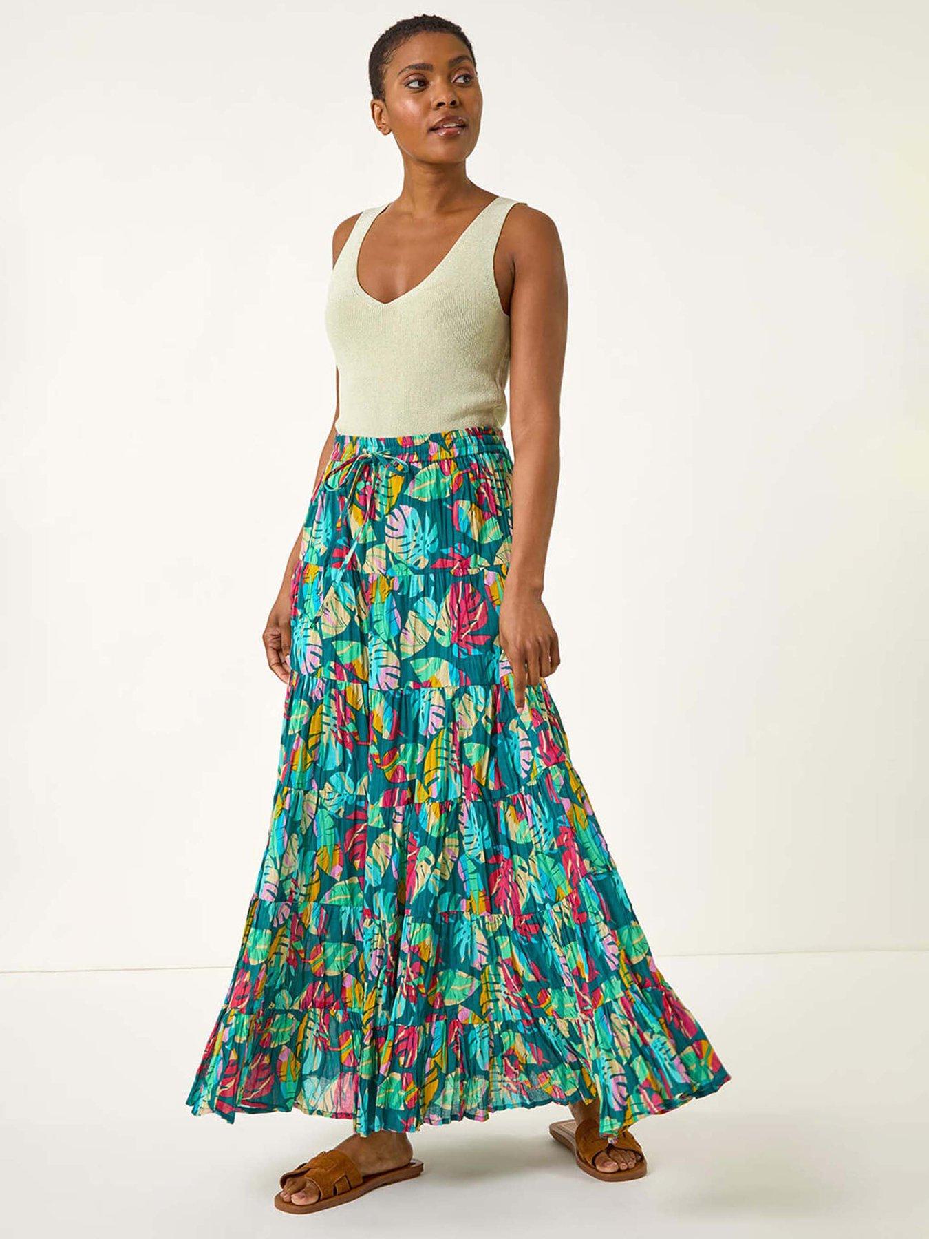 roman-palm-print-tiered-a-line-skirt-blueoutfit